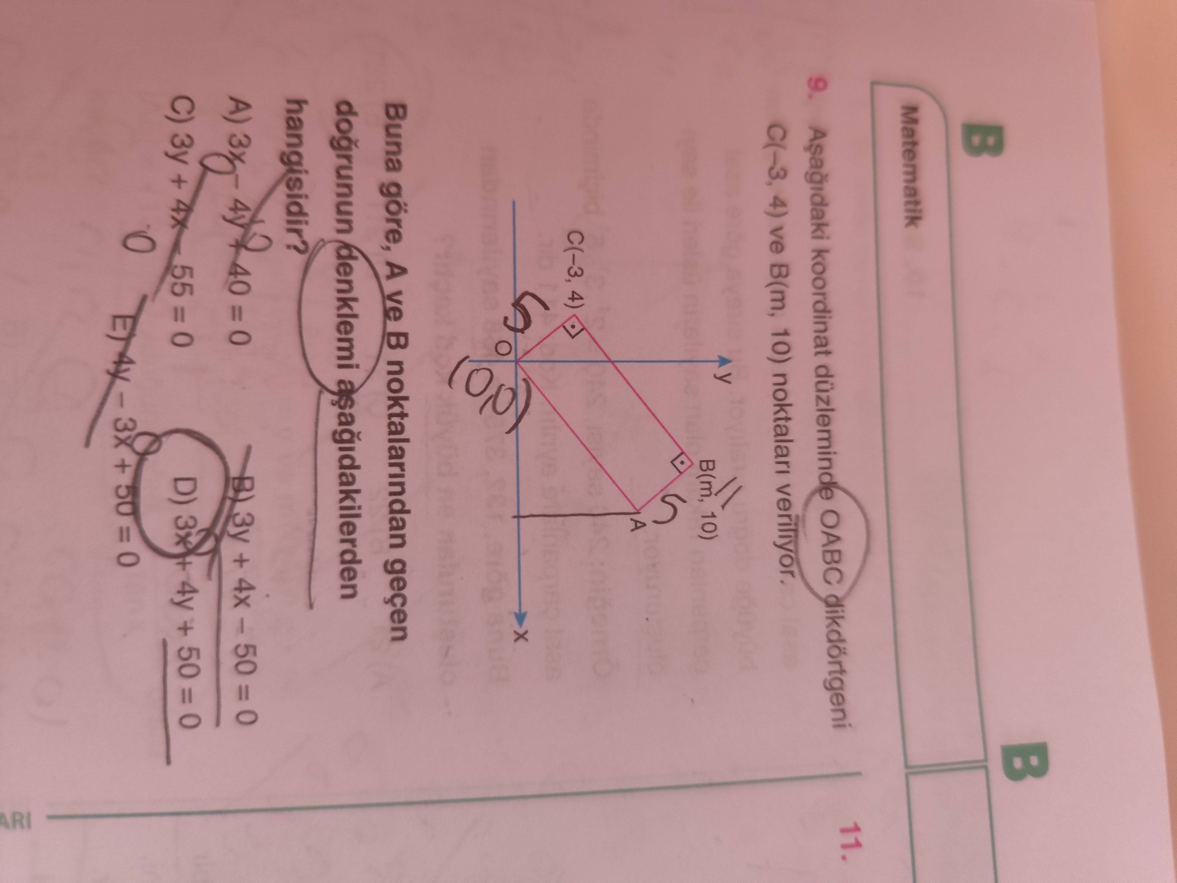 Aşağıdaki koordinat düzleminde OABC dikdörtgeni C(-3, 4) ve B(m, 10) noktaları veriliyor. Buna göre