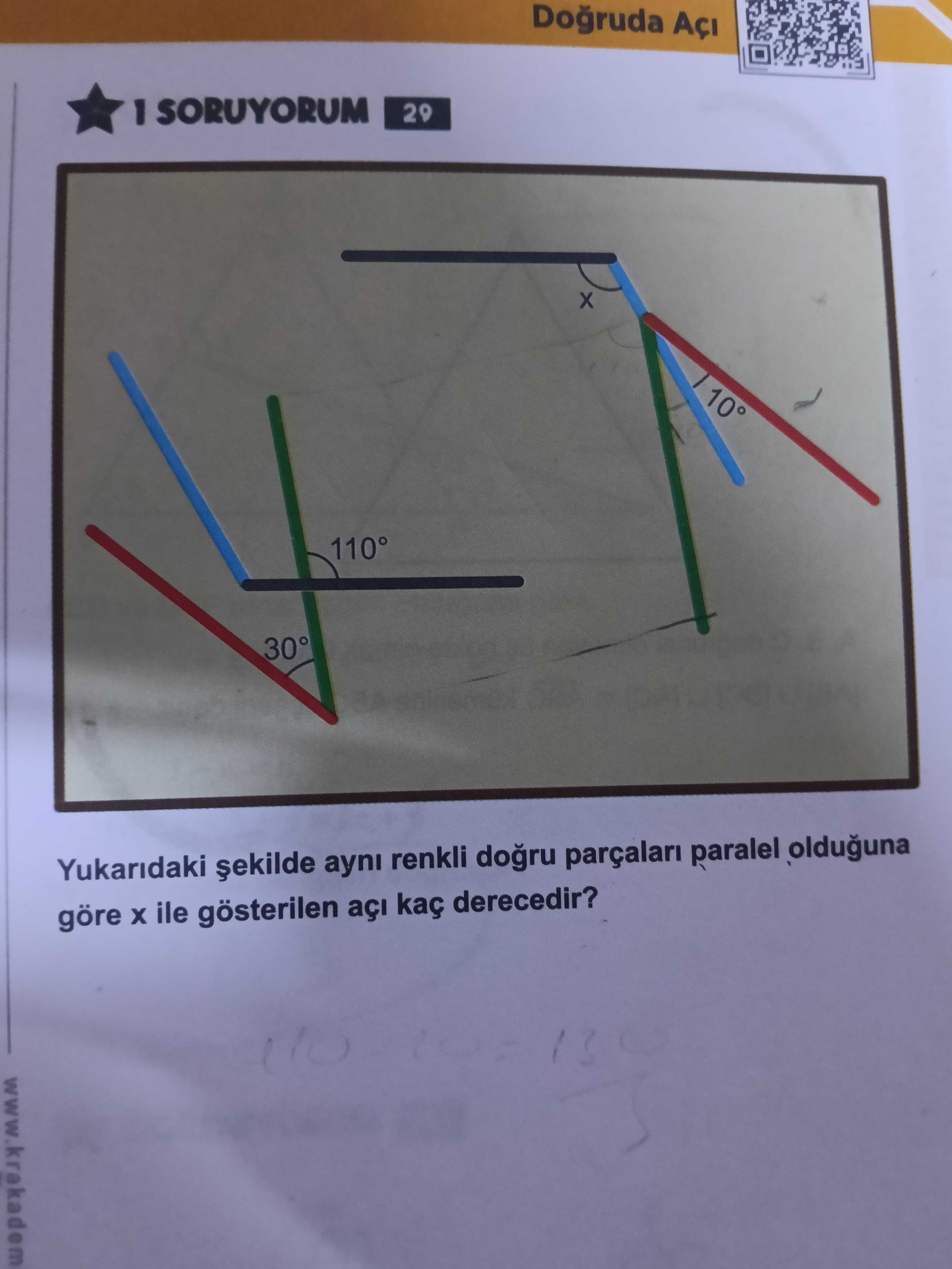 Yukarıdaki şekilde aynı renkli doğru parçaları paralel olduğuna göre x ile gösterilen açı kaç