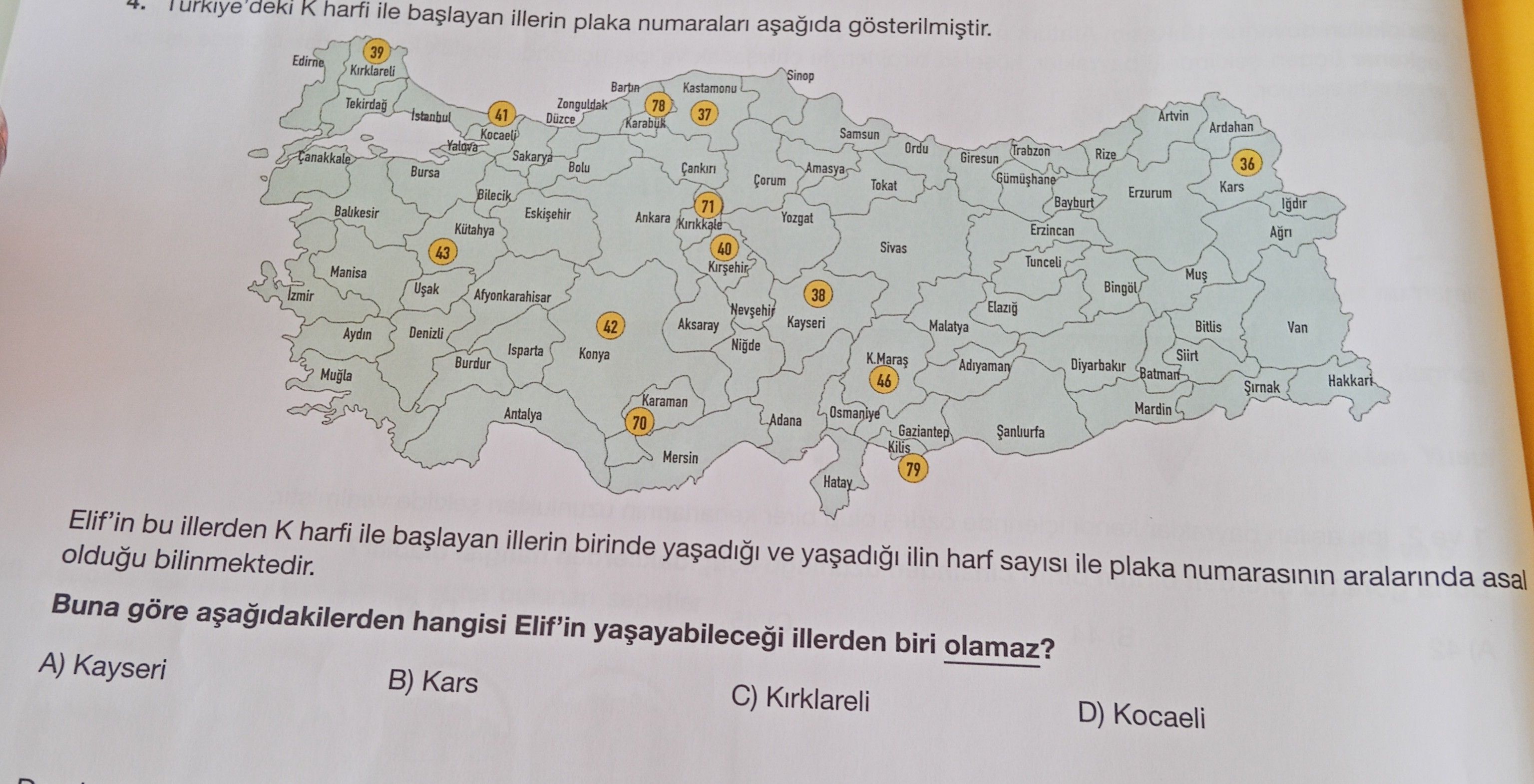 Türkiye'deki K harfi ile başlayan illerin plaka numaraları aşağıda gösterilmiştir. Elif'in bu