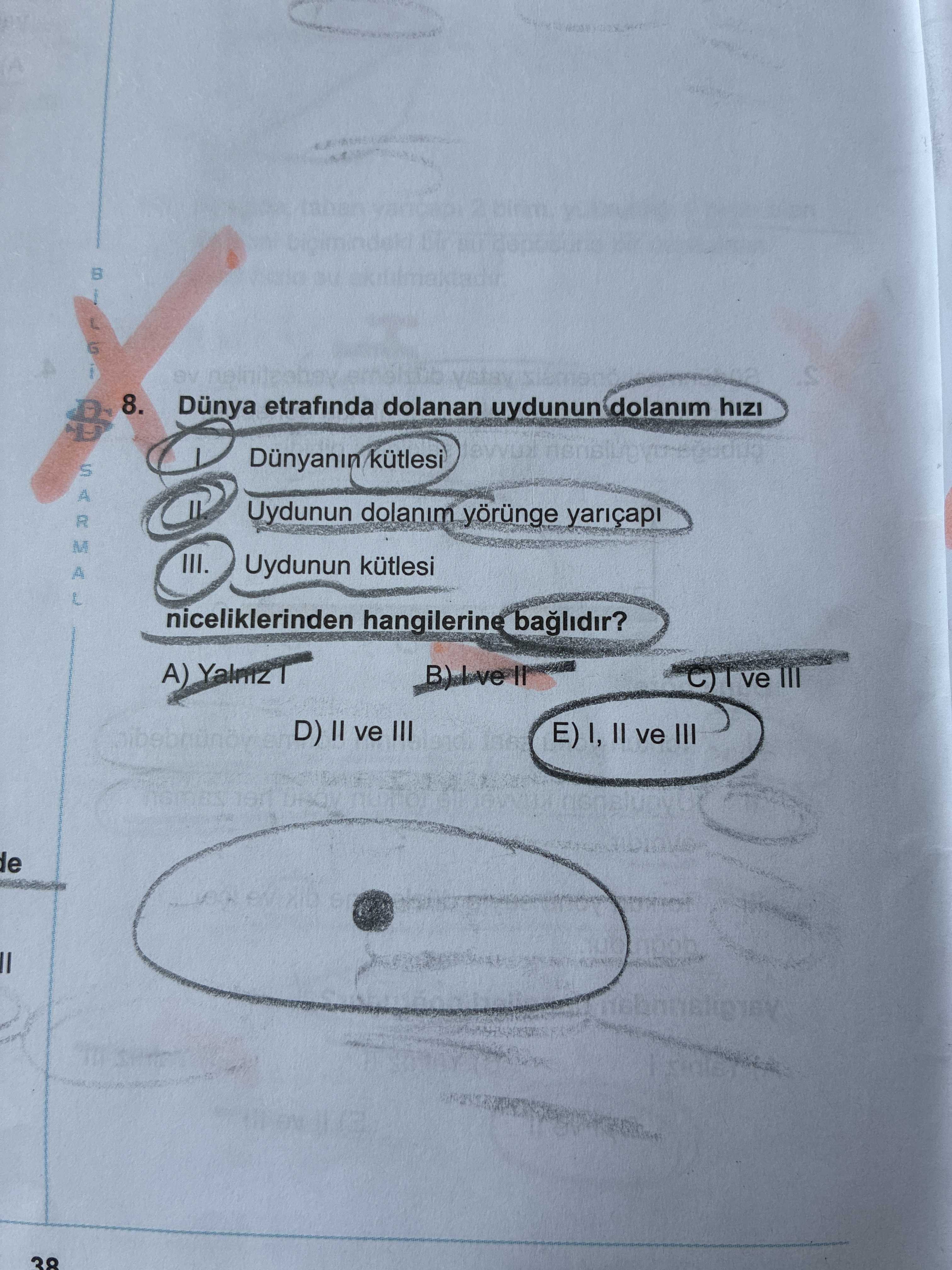 8. Dünya etrafında dolanan uydunun dolanım hızı I. Dünyanın kütlesi II. Uydunun dolanım yörünge