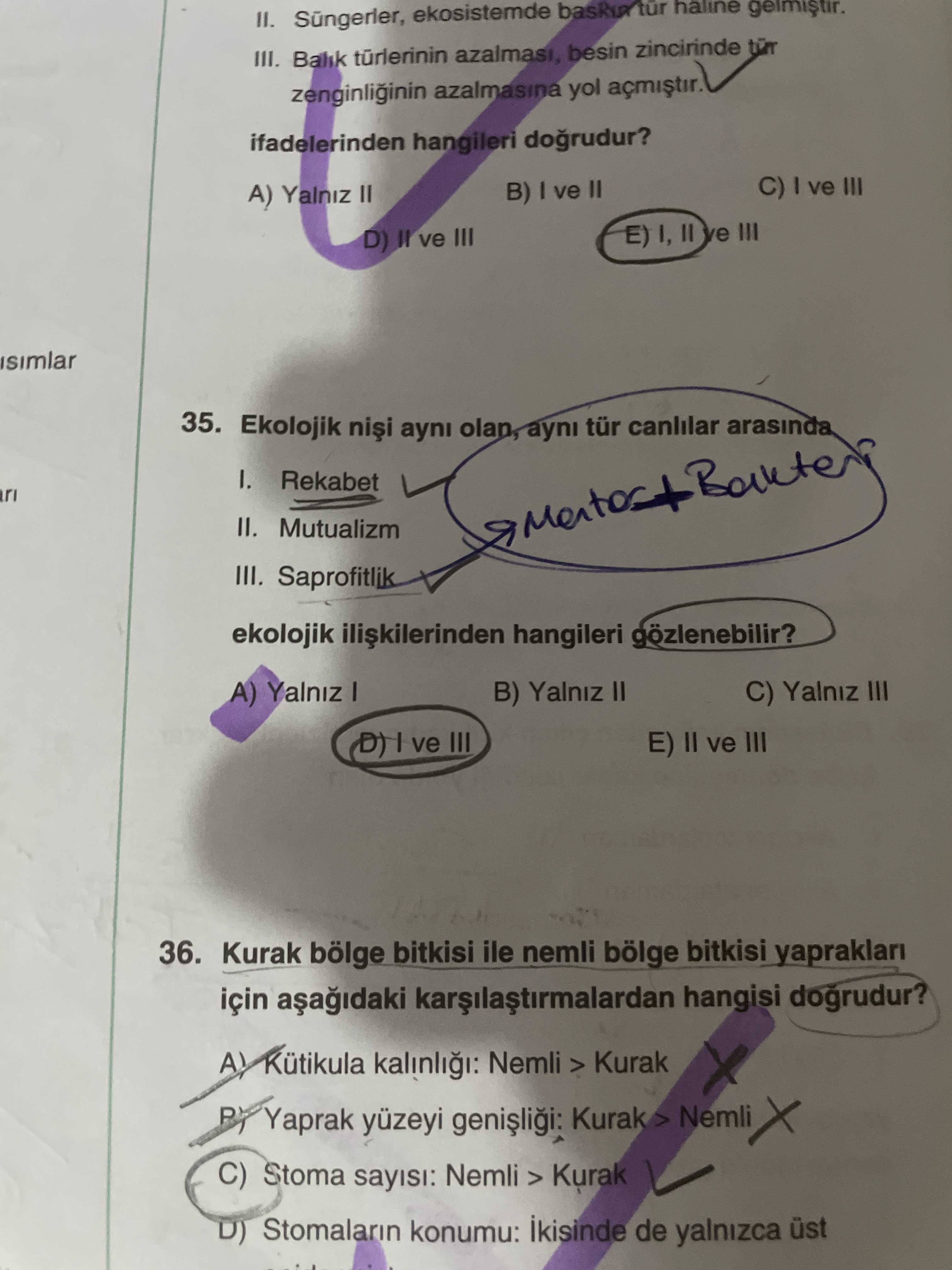 Ekolojik nişi aynı olan, aynı tür canlılar arasında I. Rekabet II. Mutualizm III. Saprofitlik