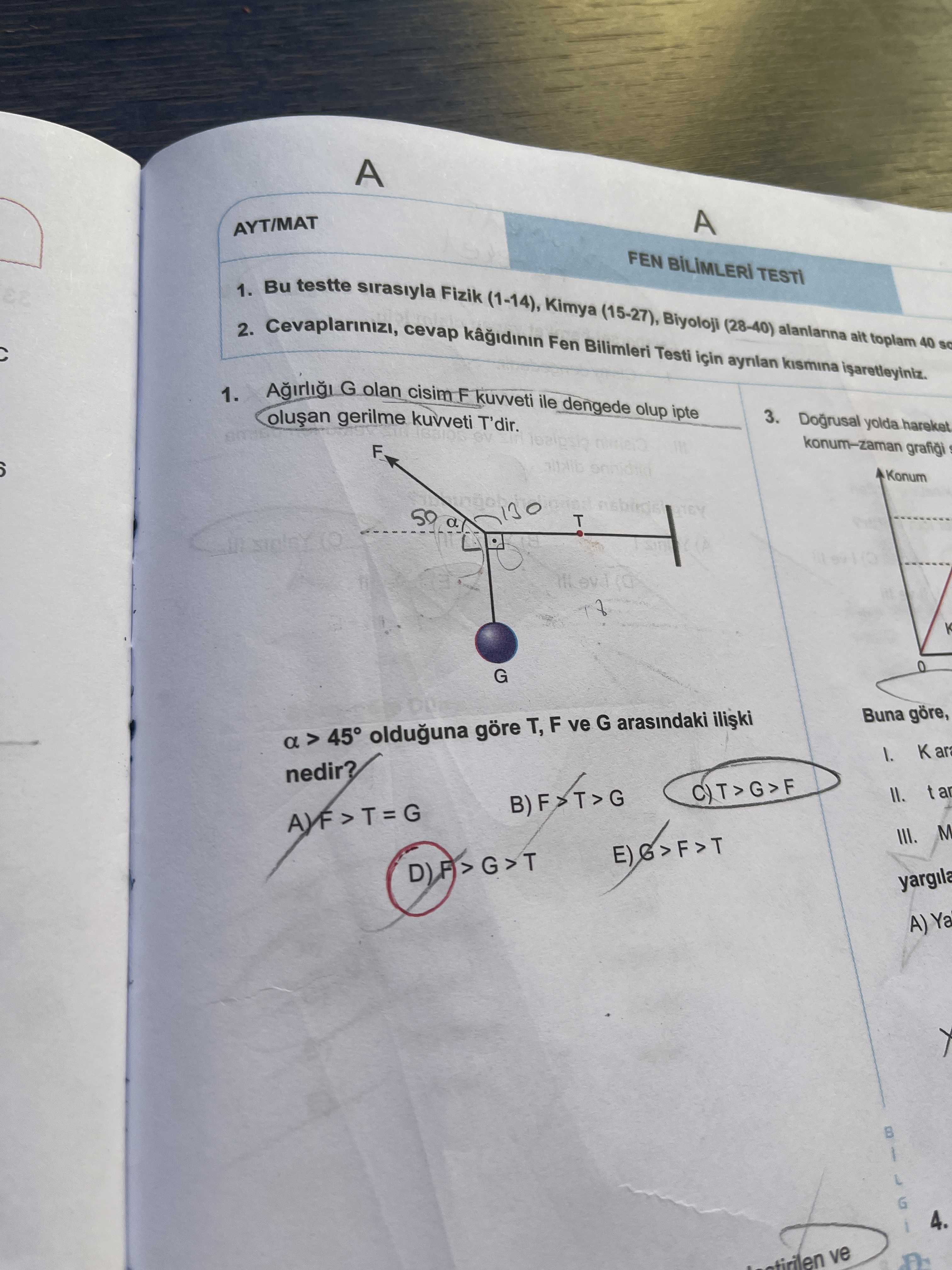 Ağırlığı G olan cisim F kuvveti ile dengede olup ipte oluşan gerilme kuvveti T'dir. α > 45° olduğuna