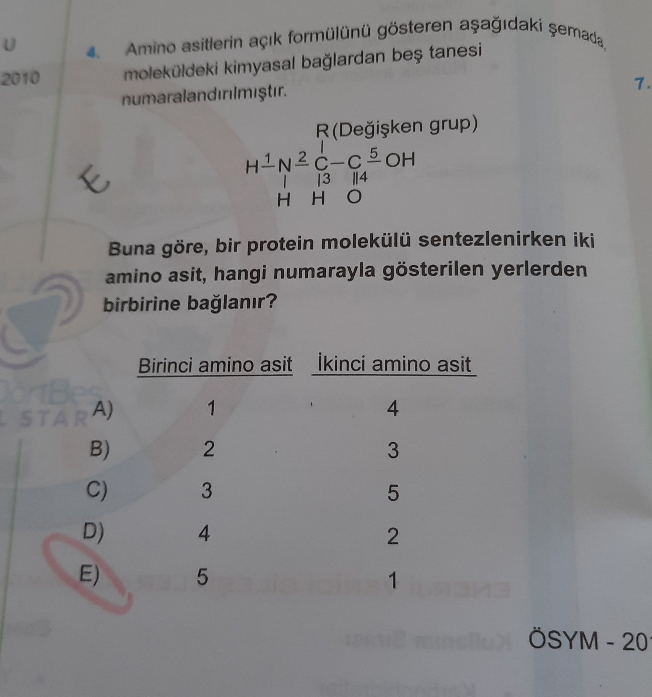 Amino asitlerin açık formülünü gösteren aşağıdaki şemada, moleküldeki kimyasal bağlardan beş tanesi