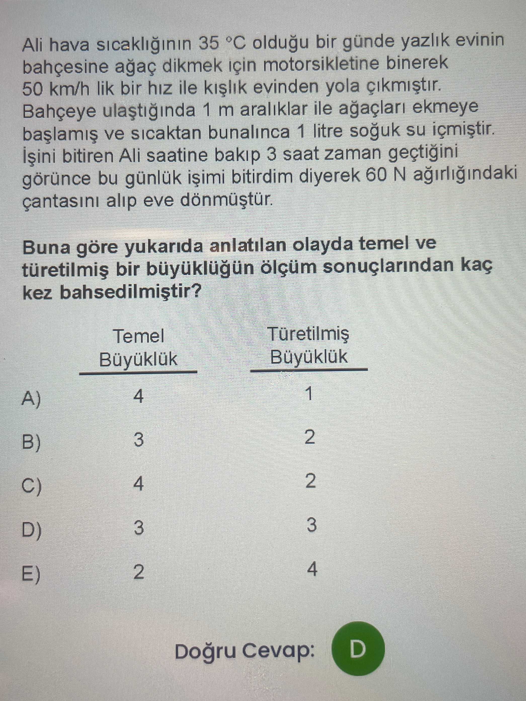 Ali hava sıcaklığının 35 °C olduğu bir günde yazlık evinin bahçesine ağaç dikmek için motorsikletine
