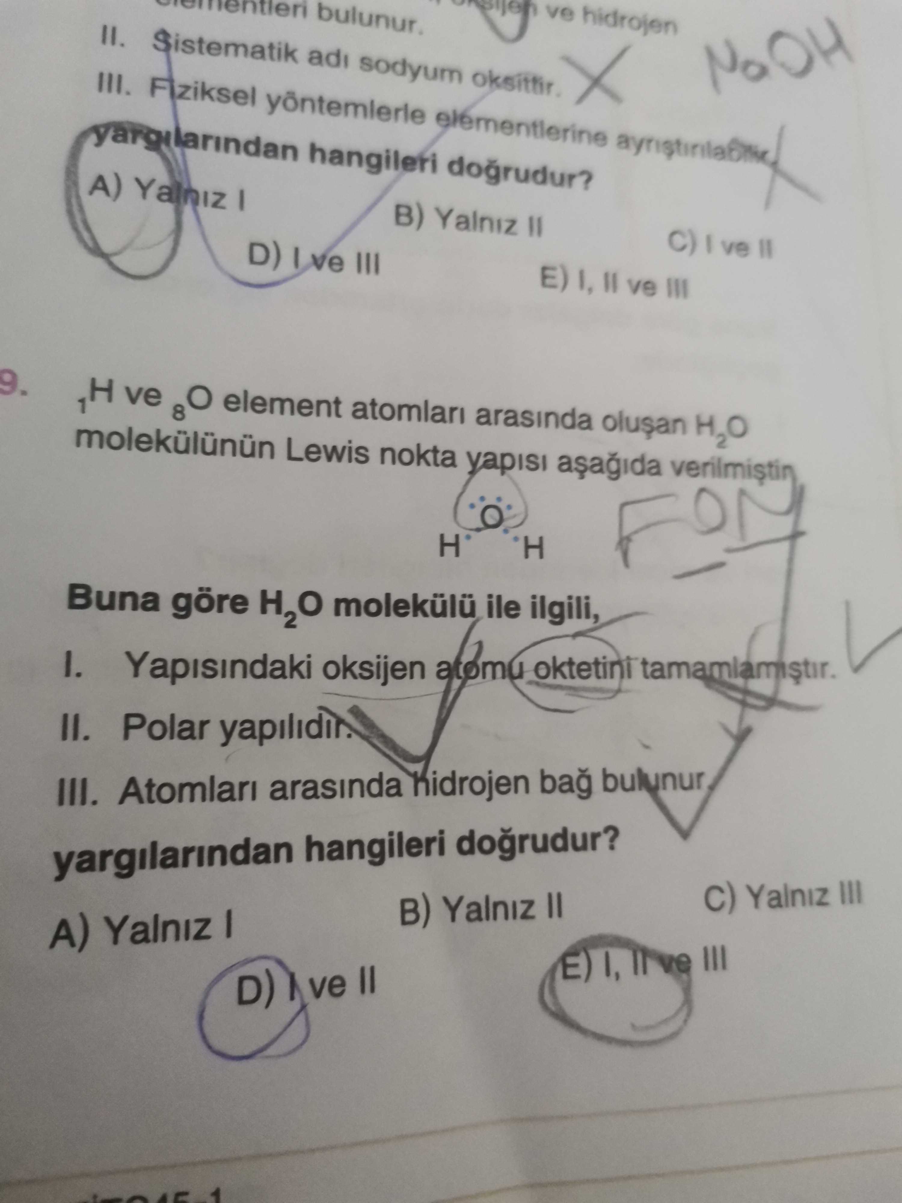 ₁H ve ₈O element atomları arasında oluşan H₂O molekülünün Lewis nokta yapısı aşağıda verilmiştir