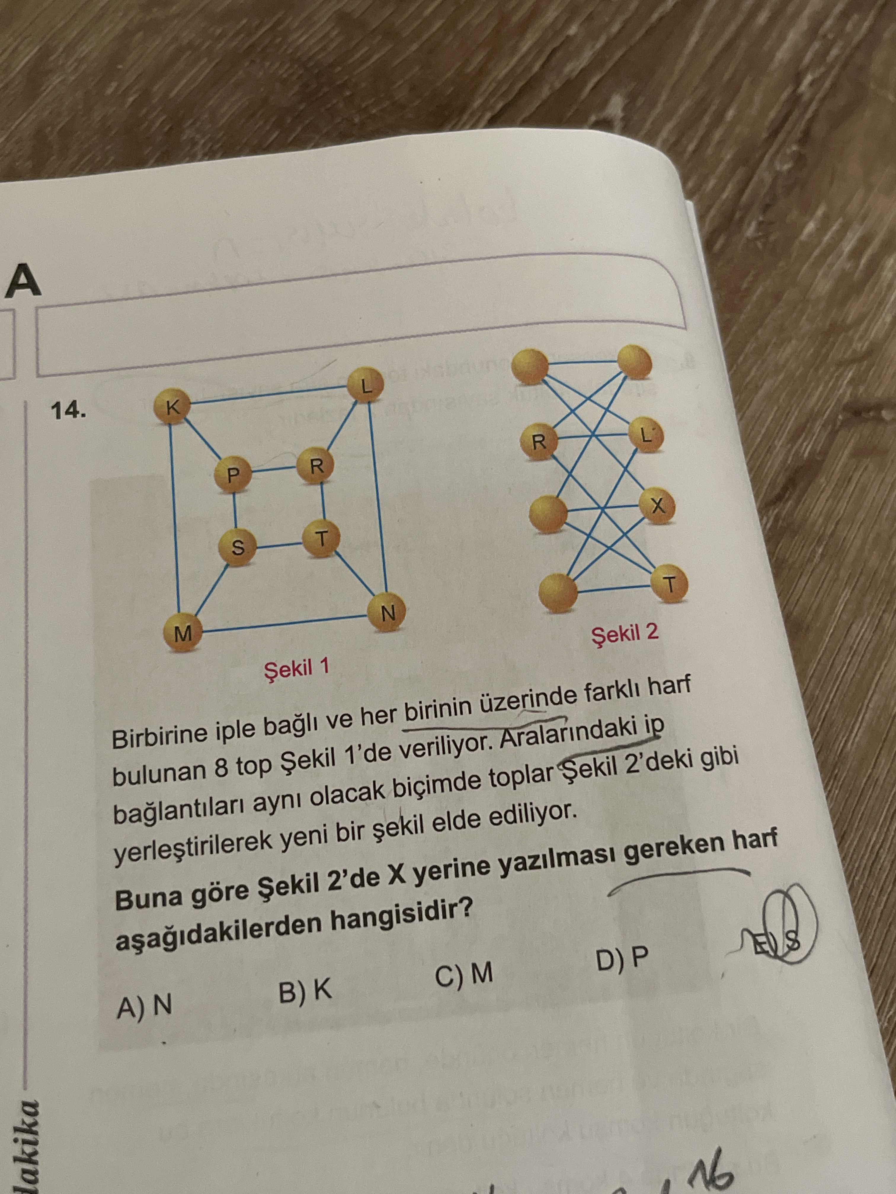 Birbirine iple bağlı ve her birinin üzerinde farklı harf bulunan 8 top Şekil 1'de veriliyor