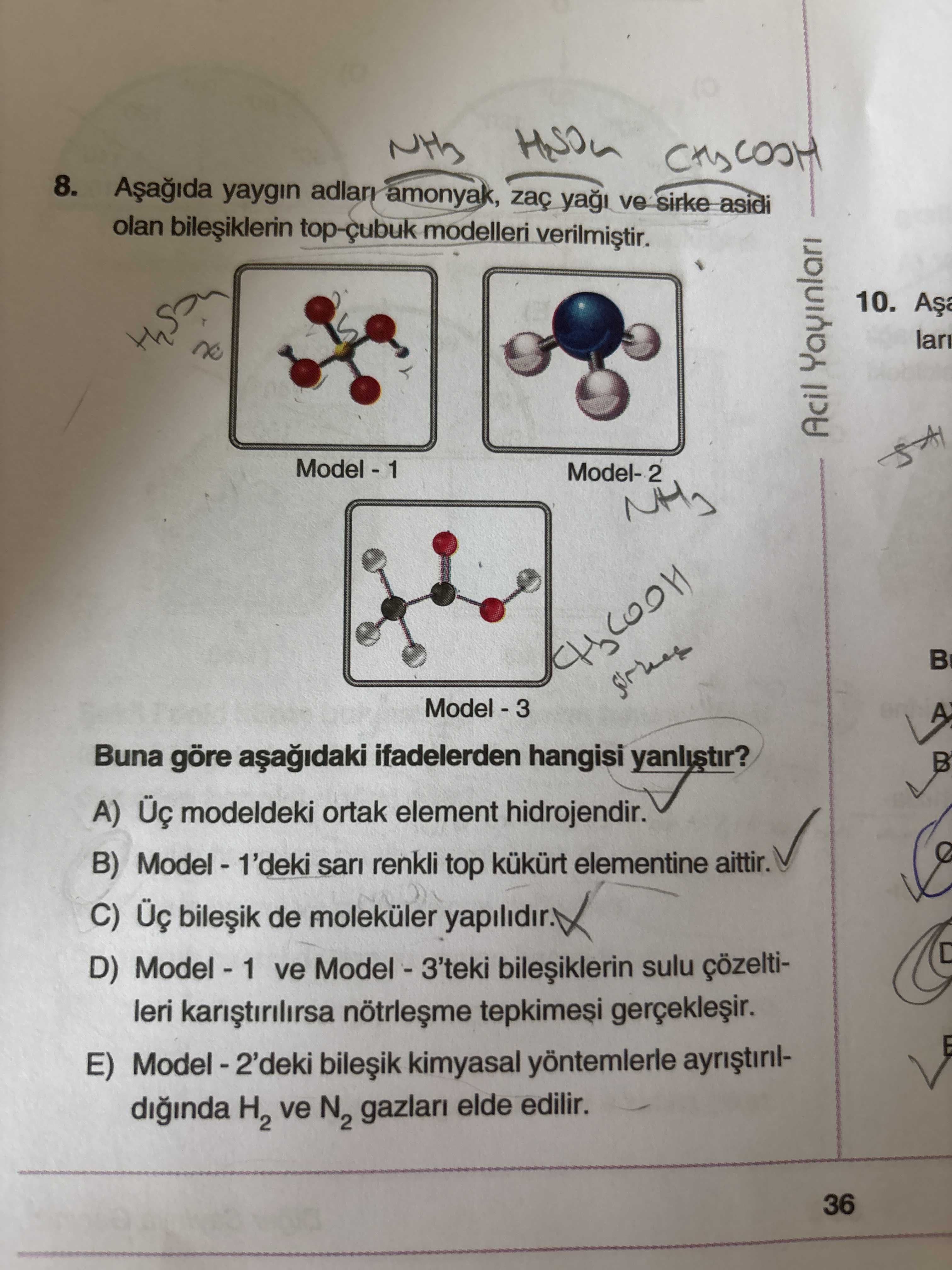 Aşağıda yaygın adları amonyak, zaç yağı ve sirke asidi olan bileşiklerin top-çubuk modelleri