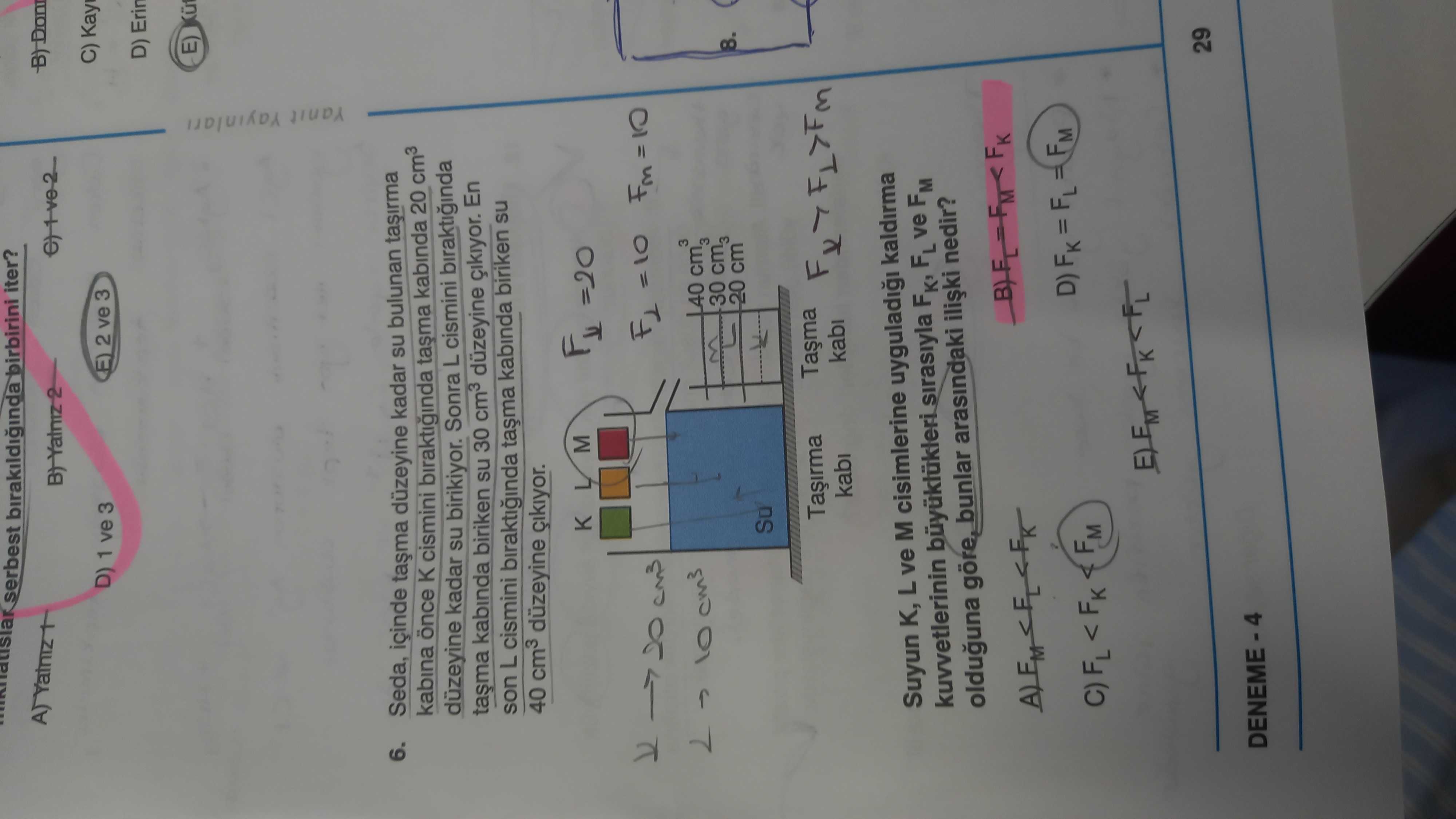 Seda, içinde taşma düzeyine kadar su bulunan taşırma kabına önce K cismini bıraktığında taşma