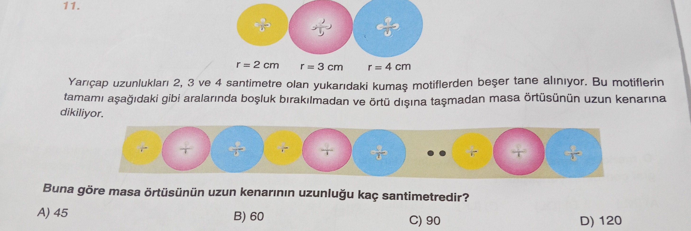 Yarıçap uzunlukları 2, 3 ve 4 santimetre olan yukarıdaki kumaş motiflerden beşer tane alınıyor. Bu