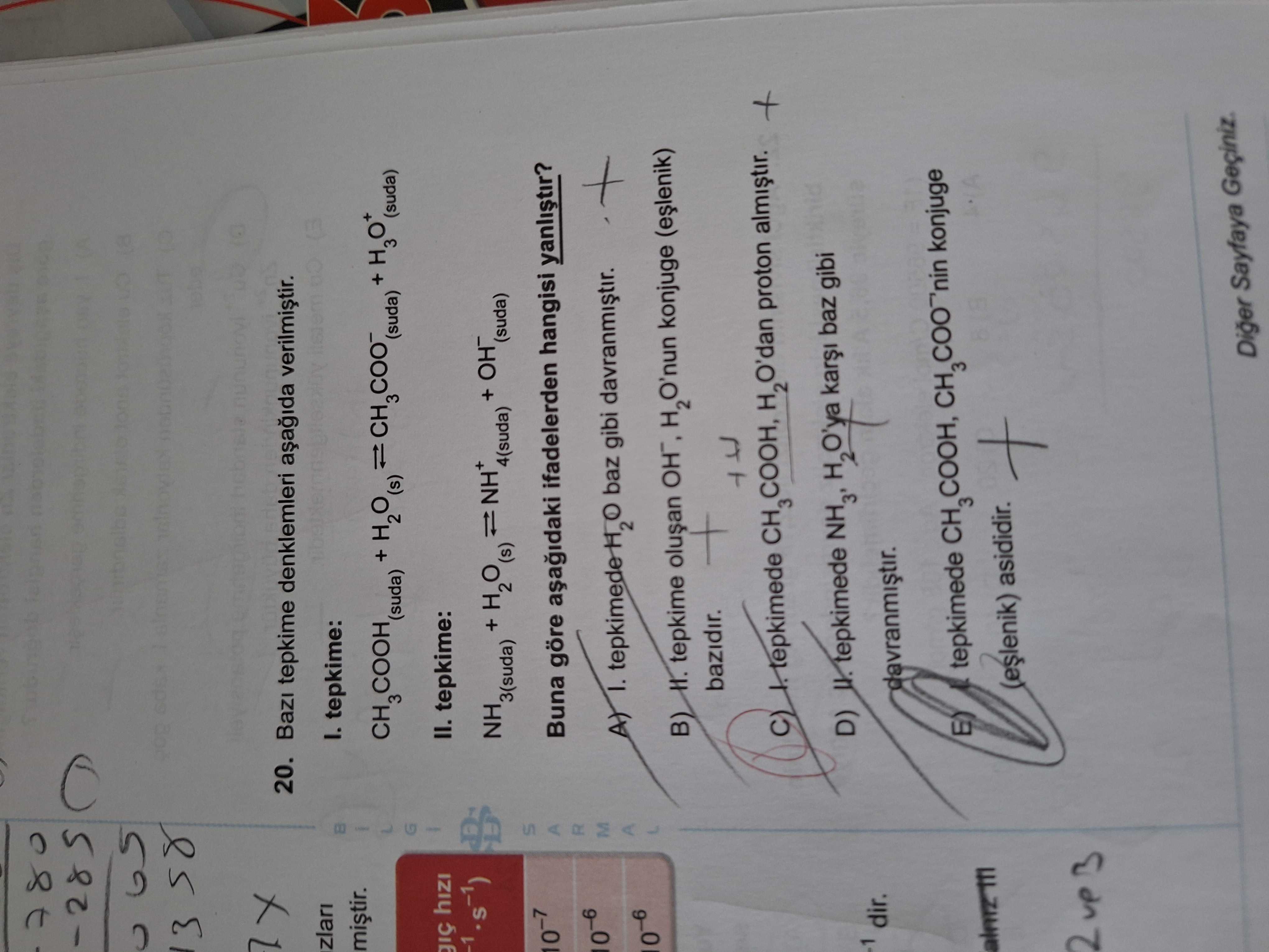 Bazı tepkime denklemleri aşağıda verilmiştir. I. tepkime: CH₃COOH(suda) + H₂O(s) ⇌ CH₃COO⁻(suda) +