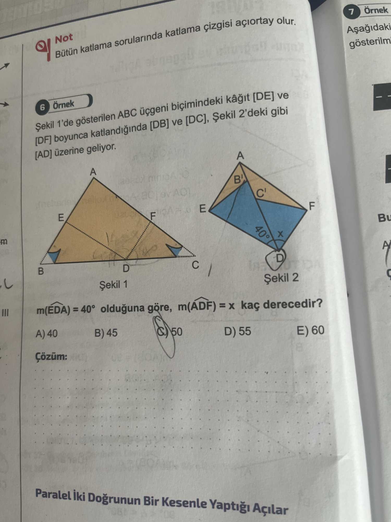 ve [DF] katlama çizgileri kesik çizgiyle gösterilmiş. Şekil 2: Katlama sonrası oluşan şekil, A