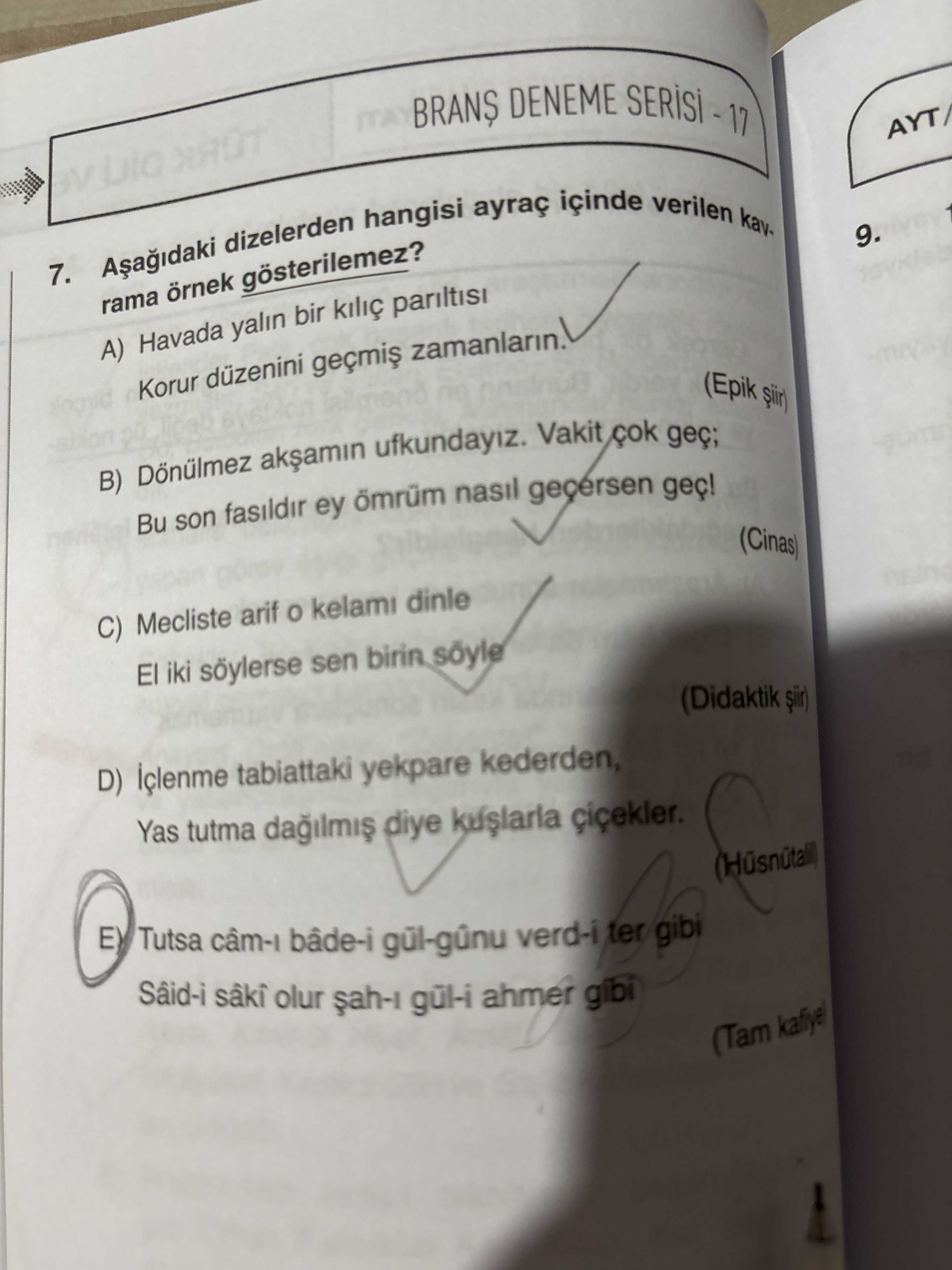 Aşağıdaki dizelerden hangisi ayraç içinde verilen kavrama örnek gösterilemez?