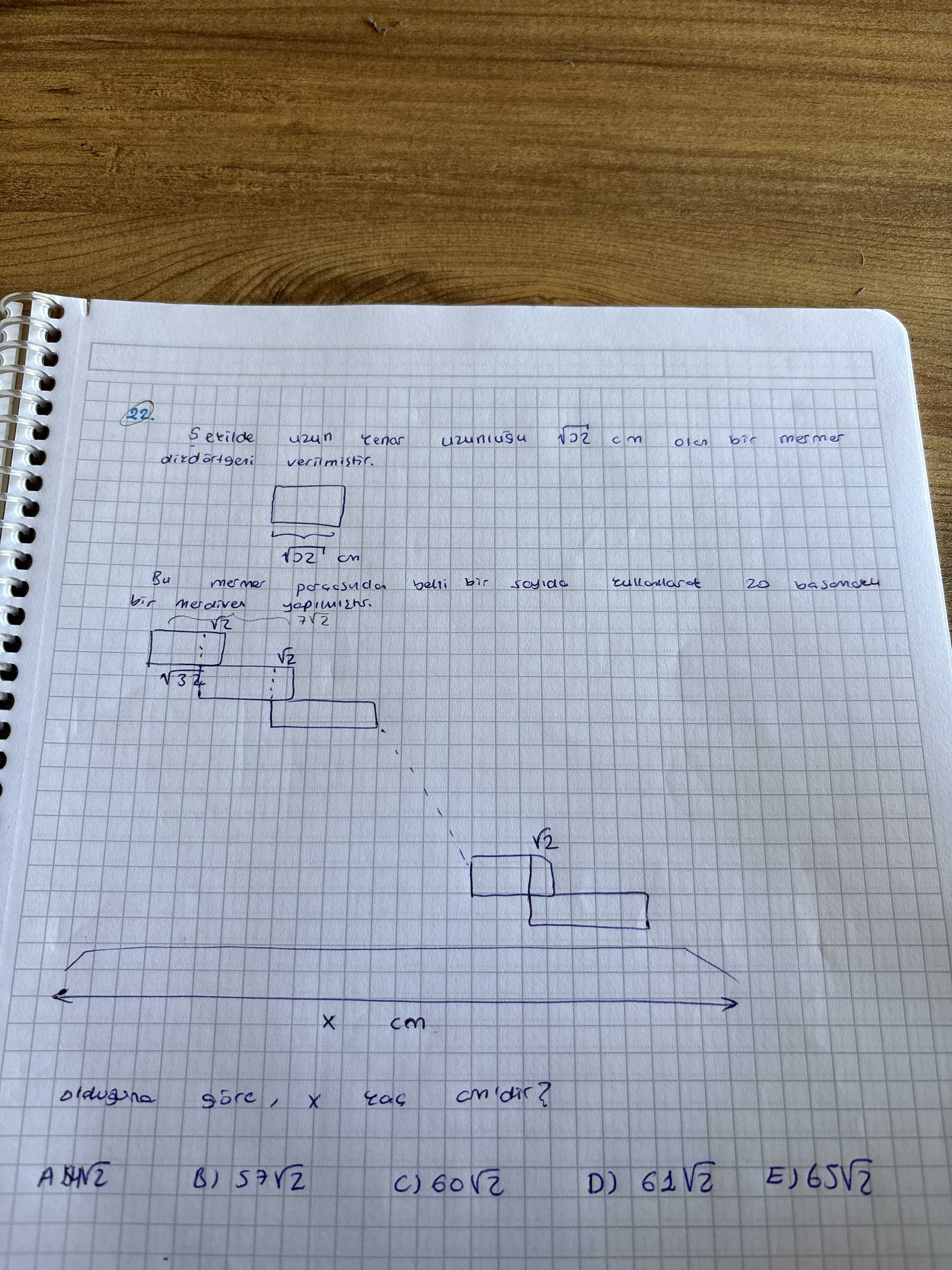 Şekilde uzun kenar uzunluğu √32 cm olan bir mermer dikdörtgeni verilmiştir. Bu mermer parçasından