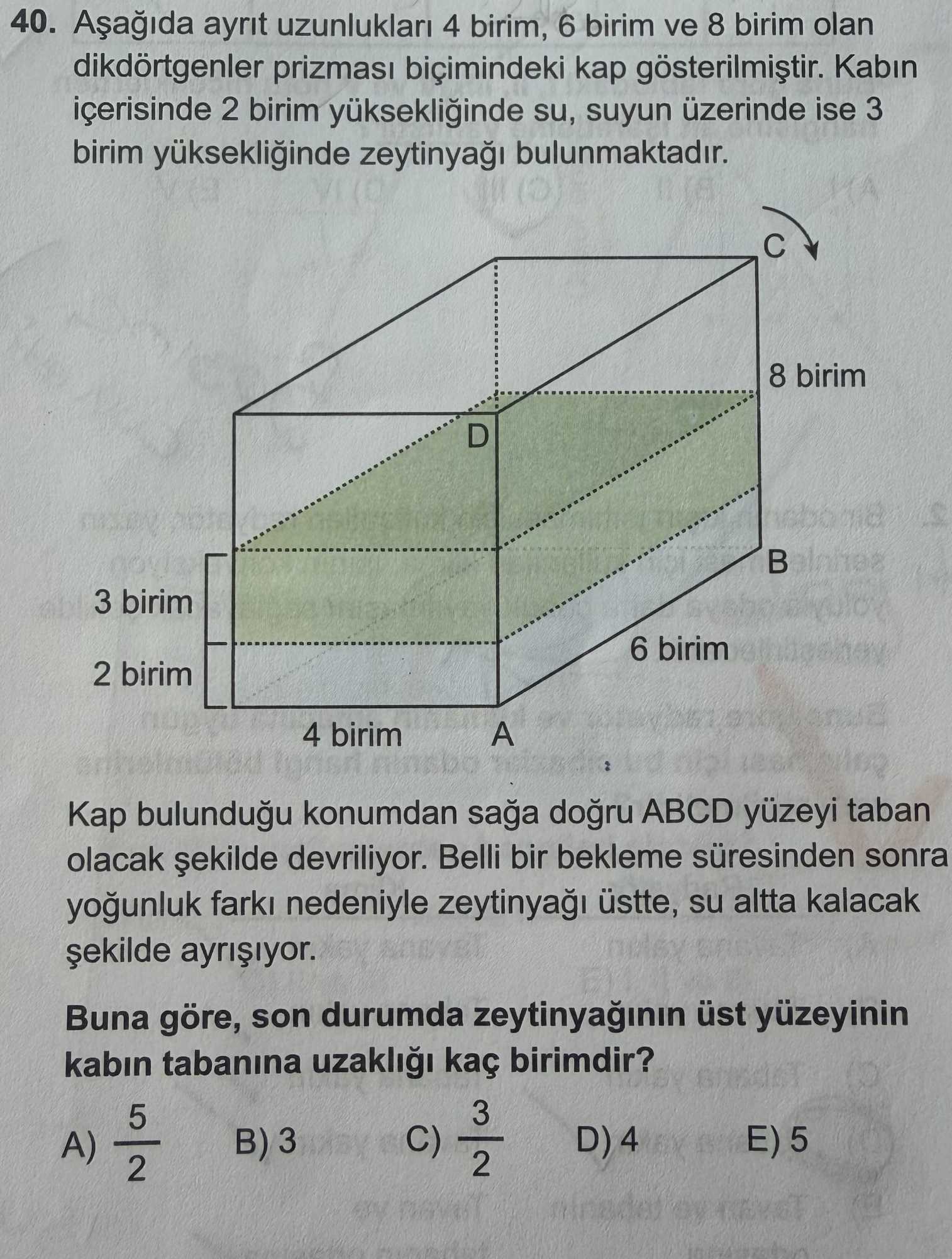 Aşağıda ayrıt uzunlukları 4 birim, 6 birim ve 8 birim olan dikdörtgenler prizması biçimindeki kap