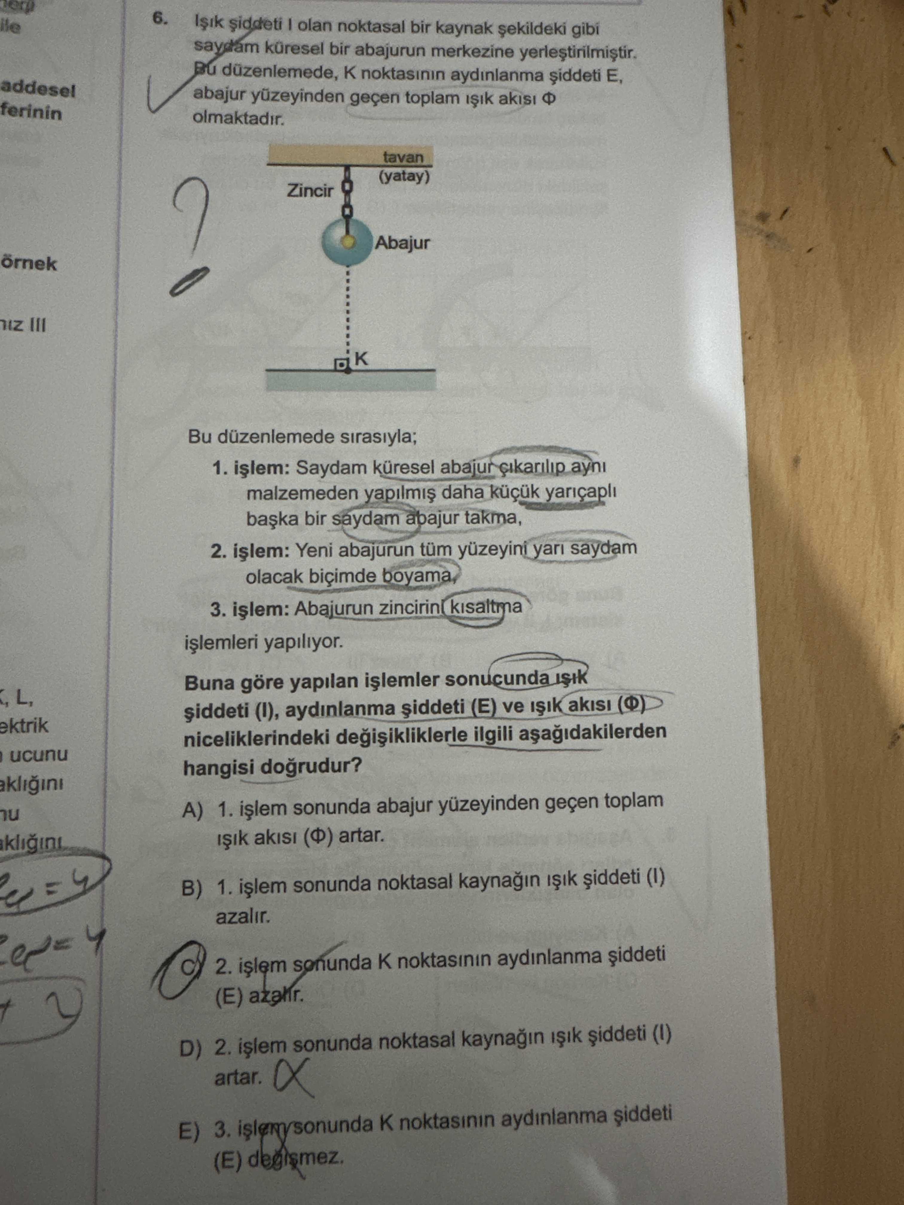 Işık şiddeti I olan noktasal bir kaynak şekildeki gibi saydam küresel bir abajurun merkezine