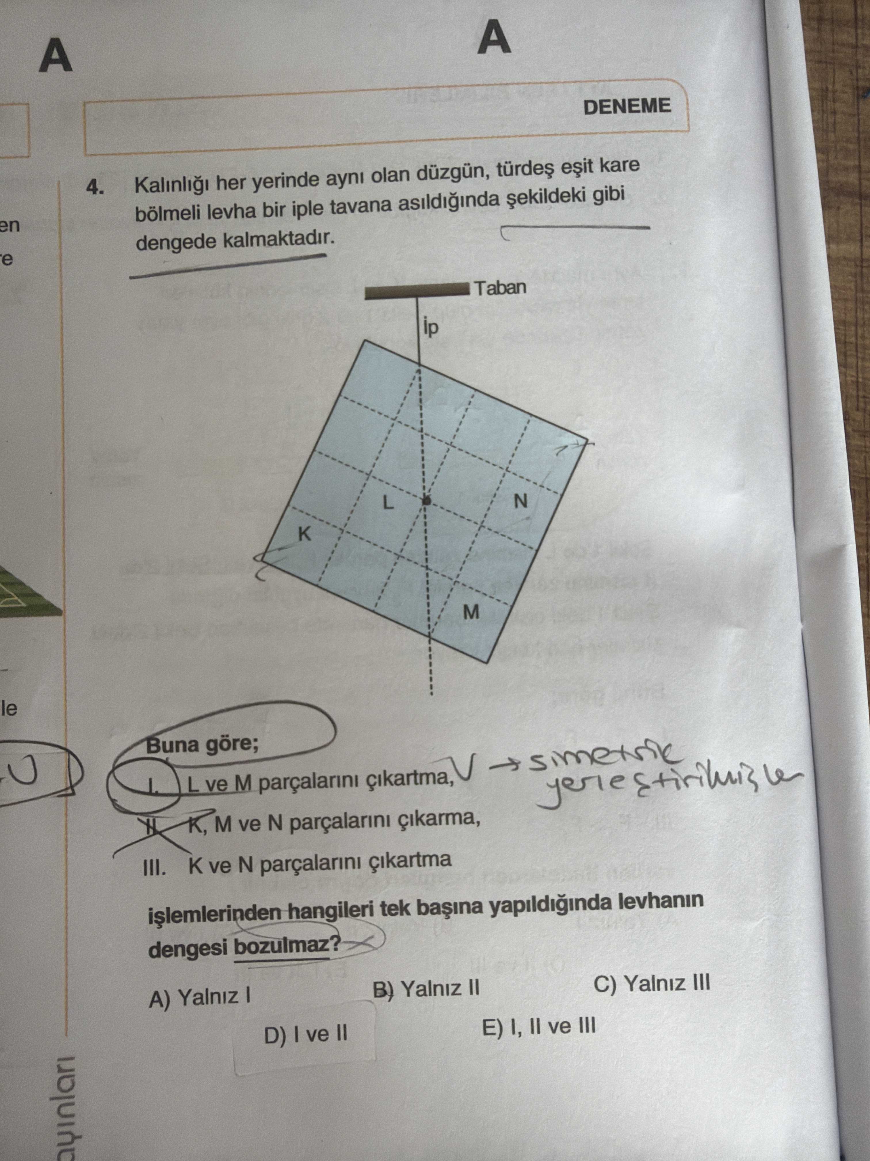 Kalınlığı her yerinde aynı olan düzgün, türdeş eşit kare bölmeli levha bir iple tavana asıldığında