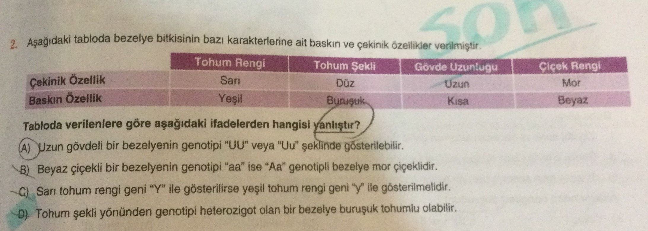 Aşağıdaki tabloda bezelye bitkisinin bazı karakterlerine ait baskın ve çekinik özellikler