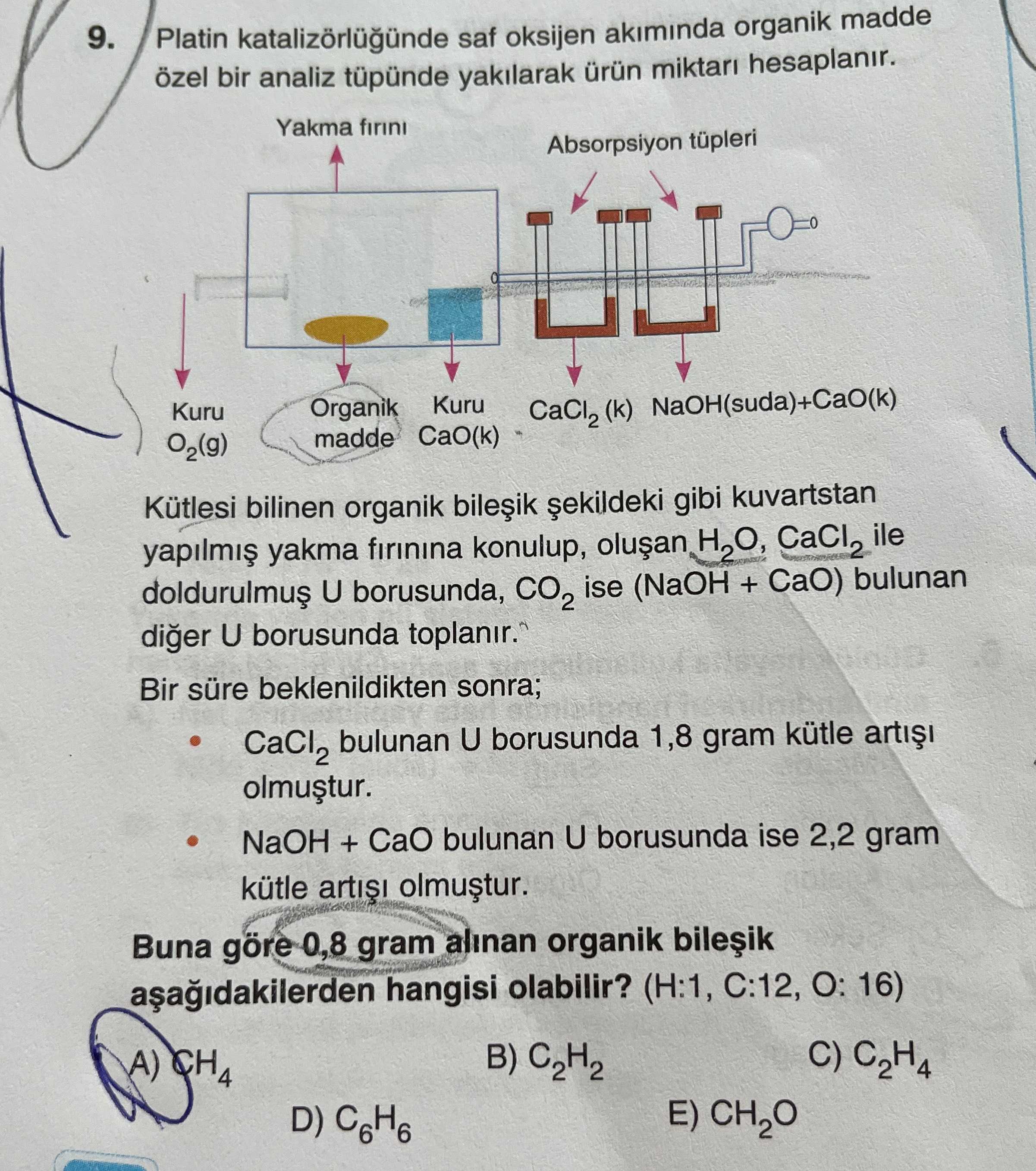 Platin katalizörlüğünde saf oksijen akımında organik madde özel bir analiz tüpünde yakılarak ürün