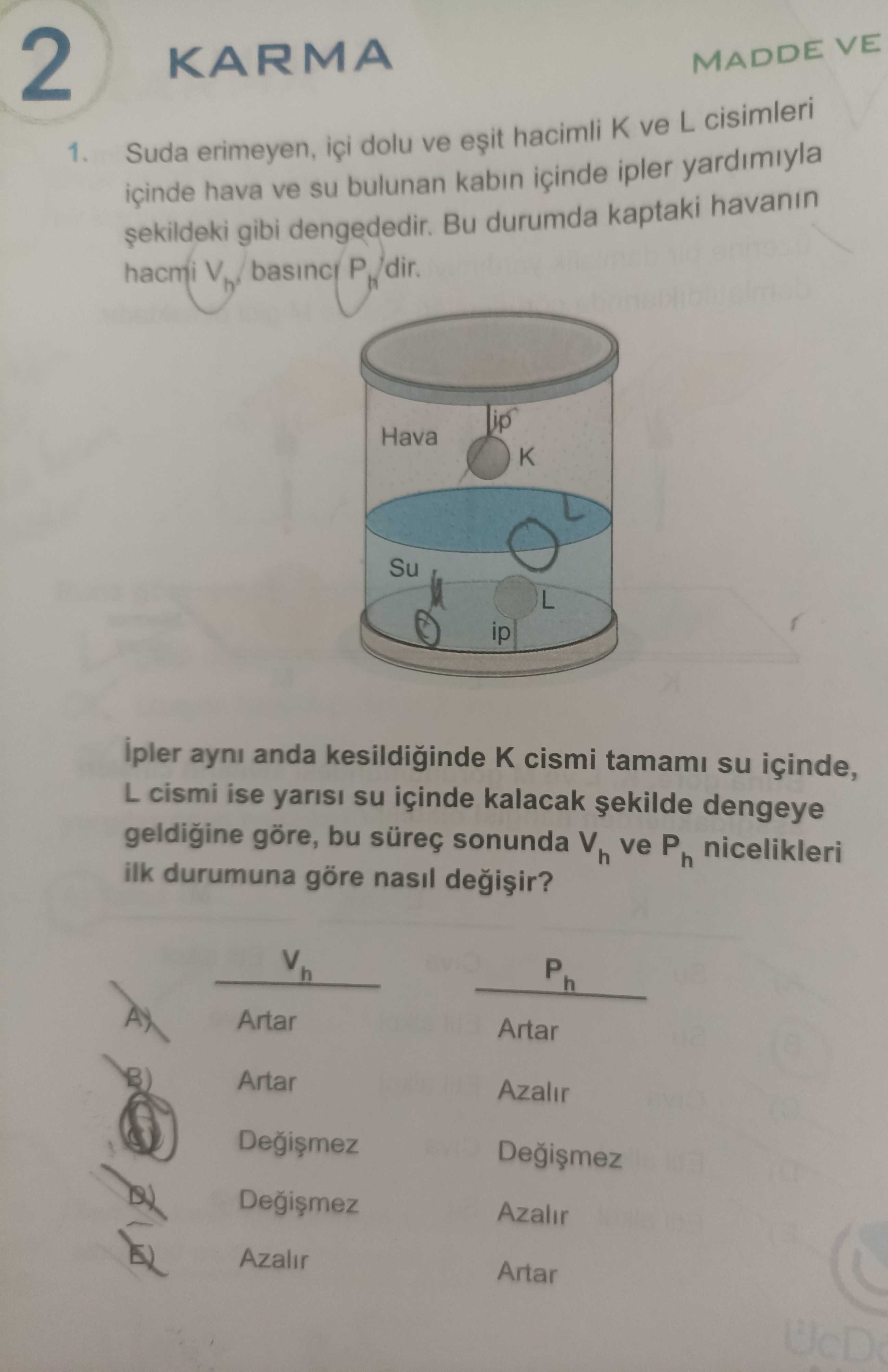 Suda erimeyen, içi dolu ve eşit hacimli K ve L cisimleri içinde hava ve su bulunan kabın içinde