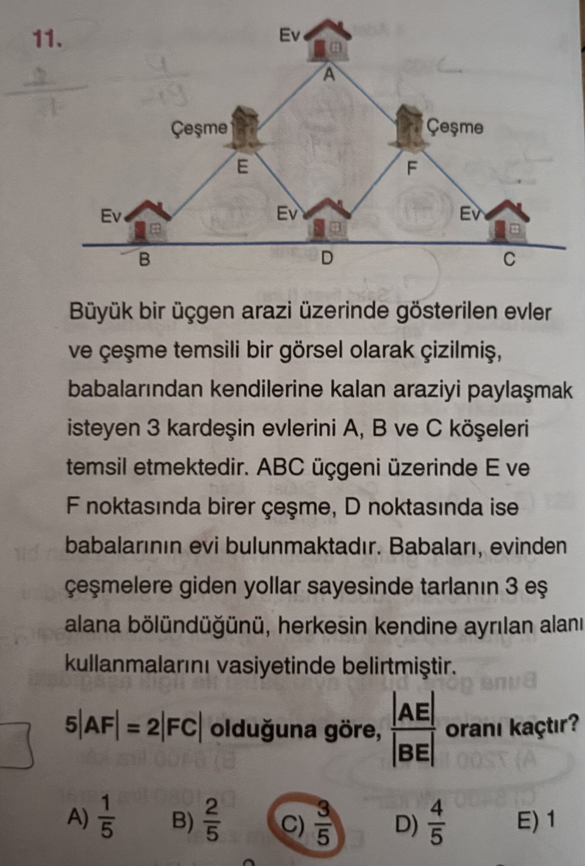 Büyük bir üçgen arazi üzerinde gösterilen evler ve çeşme temsili bir görsel olarak çizilmiş