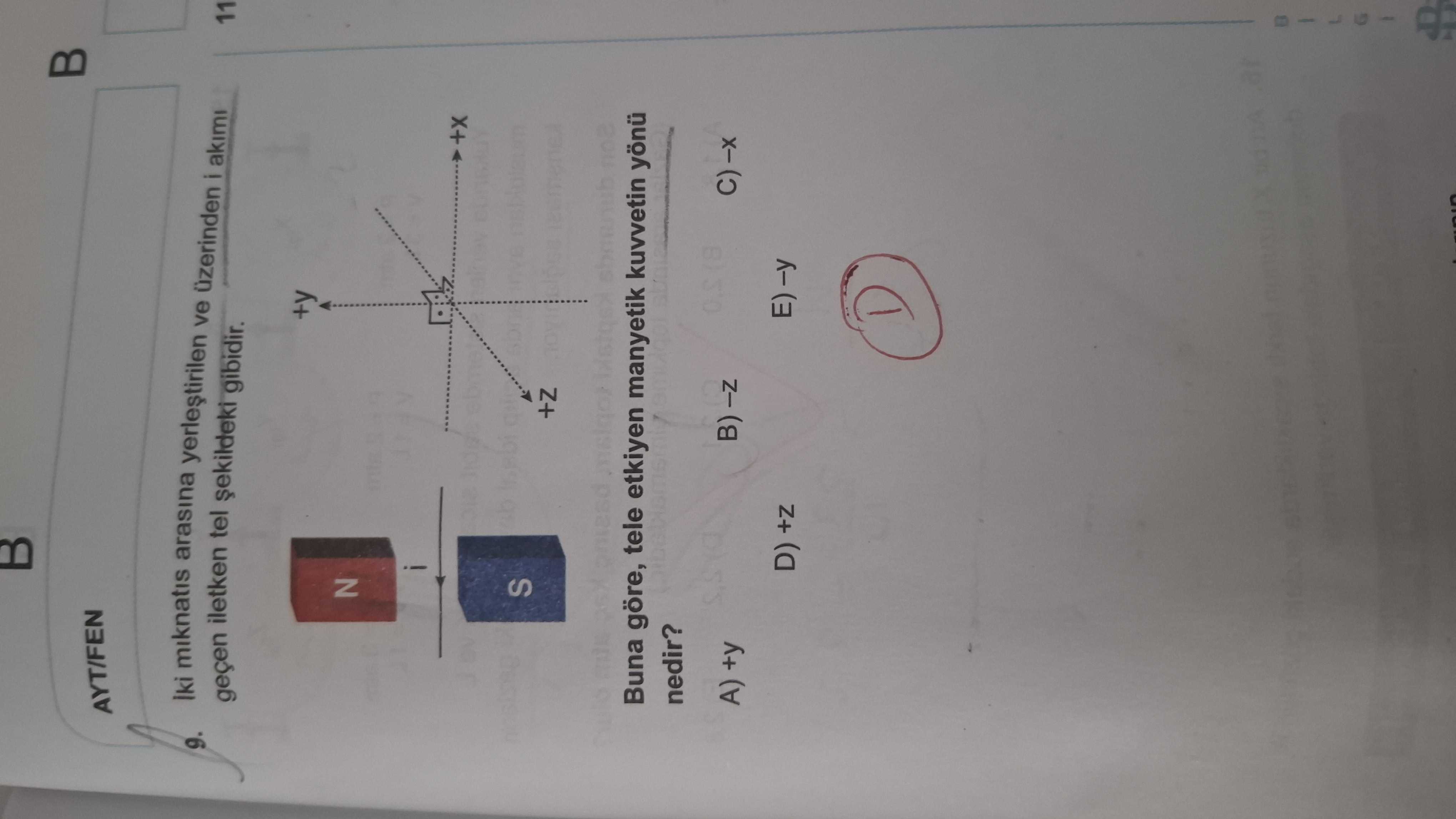 İki mıknatıs arasına yerleştirilen ve üzerinden i akımı geçen iletken tel şekildeki gibidir. Buna
