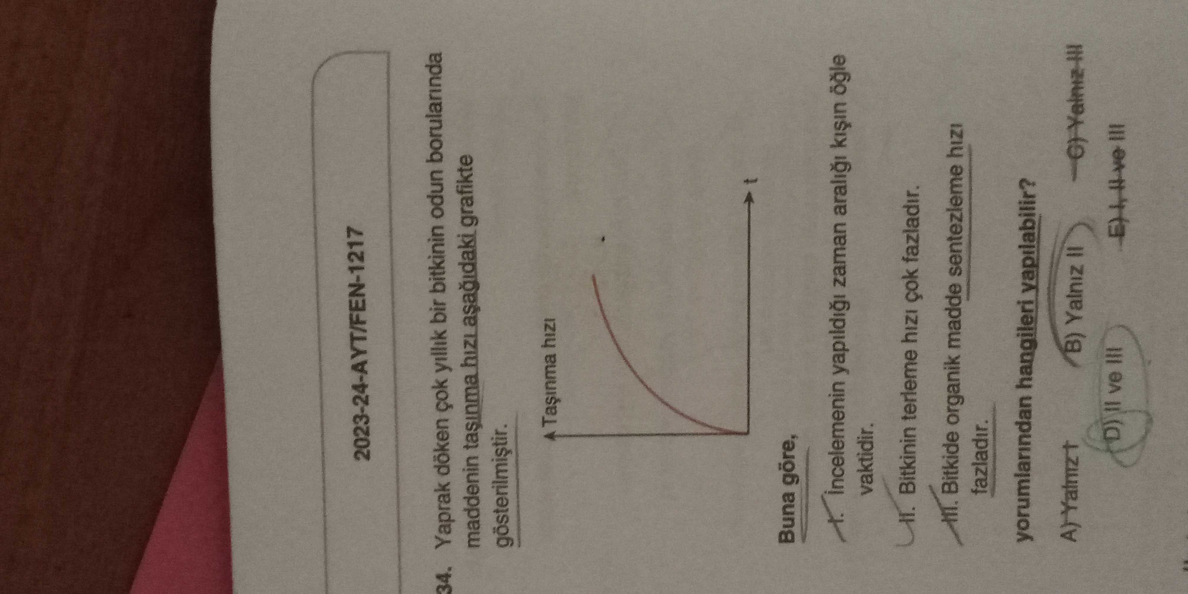 Yaprak döken çok yıllık bir bitkinin odun borularında maddenin taşınma hızı aşağıdaki grafikle gösterilmiştir. Buna göre, I