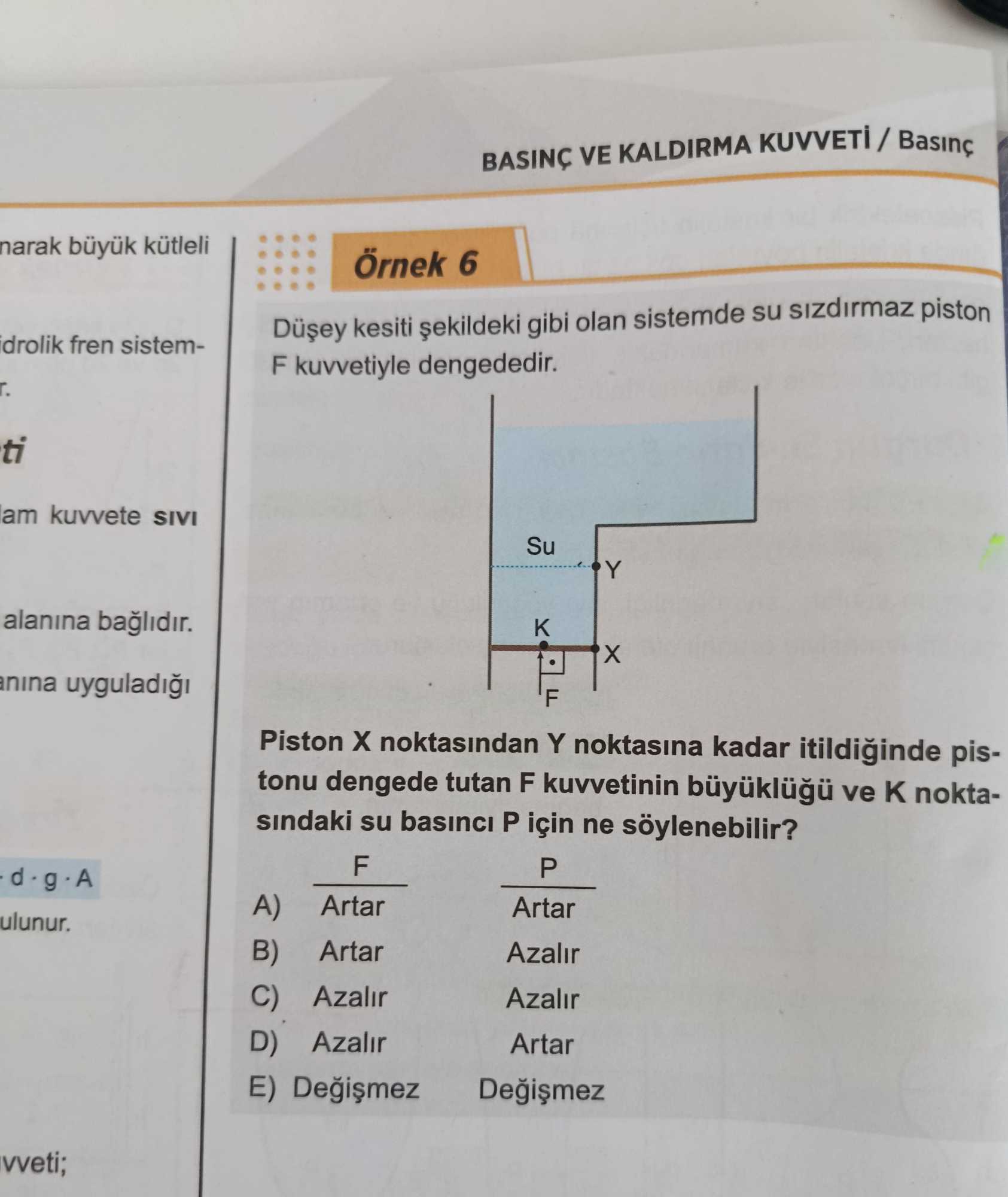 Düşey kesiti şekildeki gibi olan sistemde su sızdırmaz piston F kuvvetiyle dengededir. Piston X