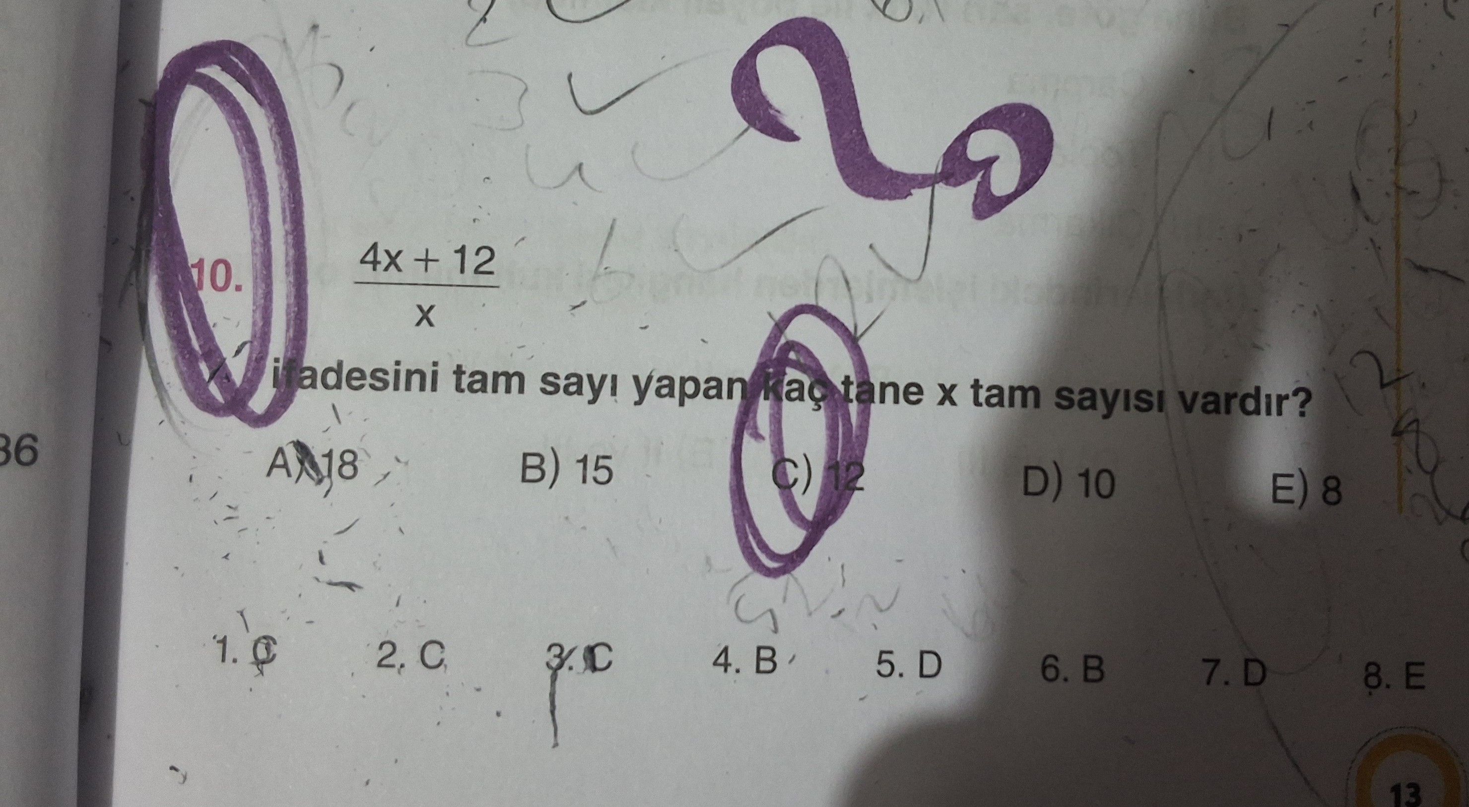(4x + 12) / x ifadesini tam sayı yapan kaç tane x tam sayısı vardır?