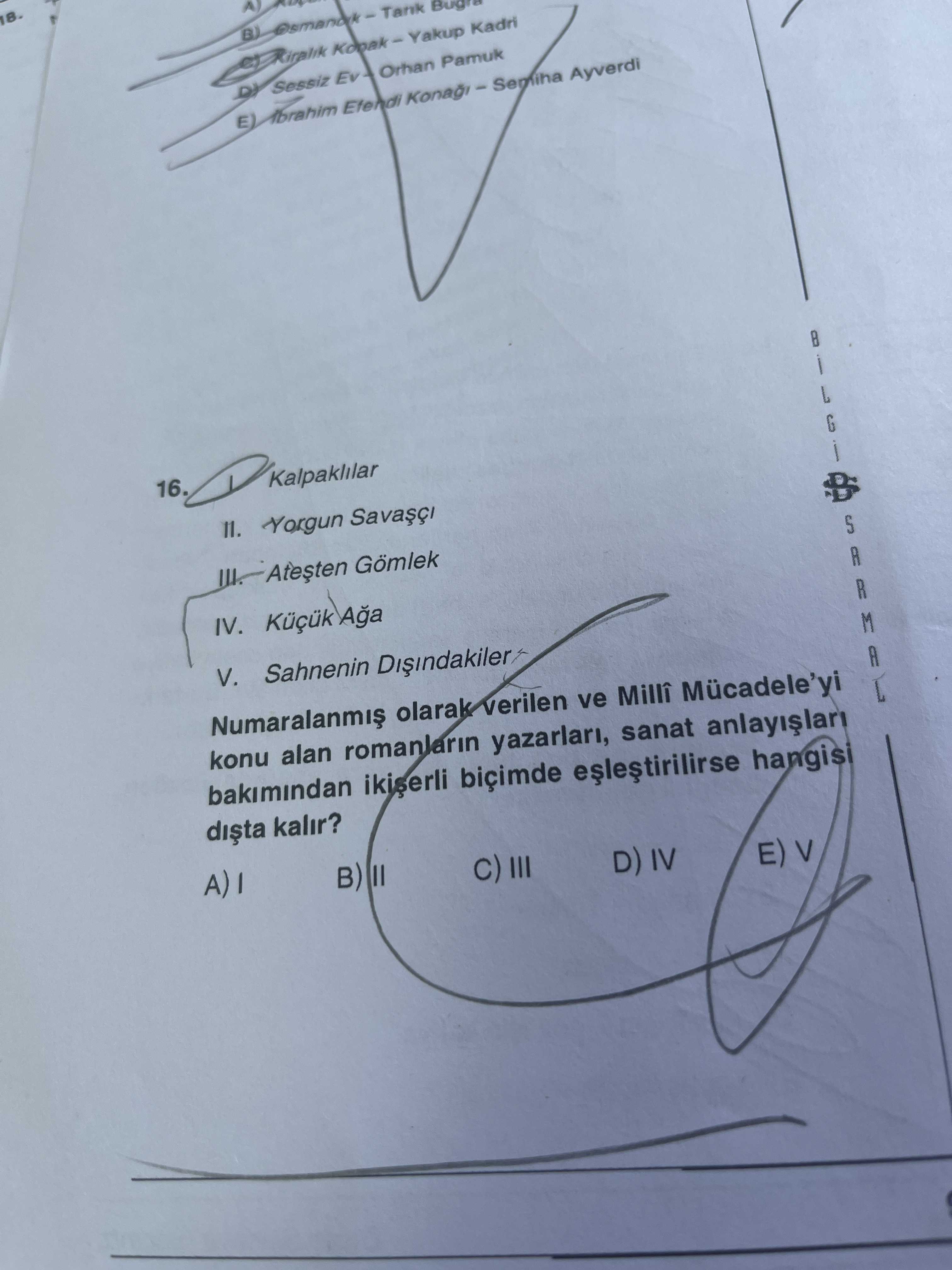I. Kalpaklılar II. Yorgun Savaşçı III. Ateşten Gömlek IV. Küçük Ağa V. Sahnenin Dışındakiler