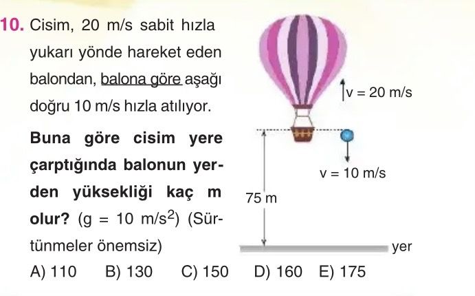 Cisim, 20 m/s sabit hızla yukarı yönde hareket eden balondan, balona göre aşağı doğru 10 m/s hızla