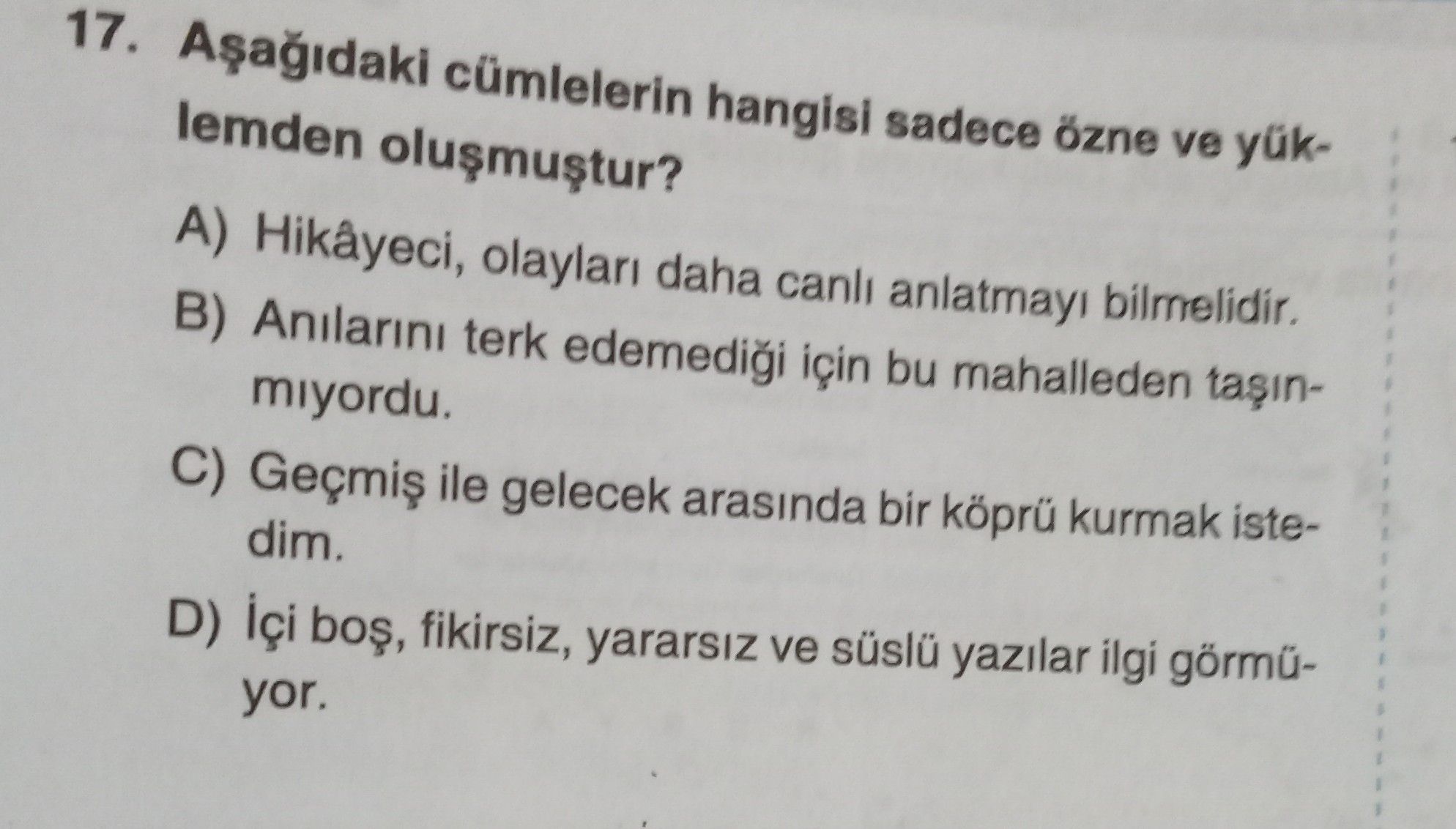 Aşağıdaki cümlelerin hangisi sadece özne ve yüklemden oluşmuştur?