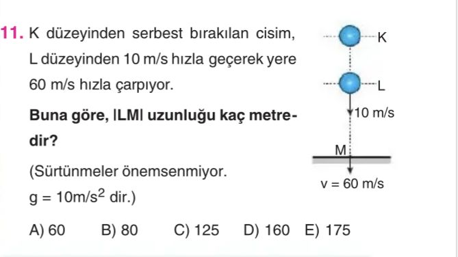 K düzeyinden serbest bırakılan cisim, L düzeyinden 10 m/s hızla geçerek yere 60 m/s hızla çarpıyor