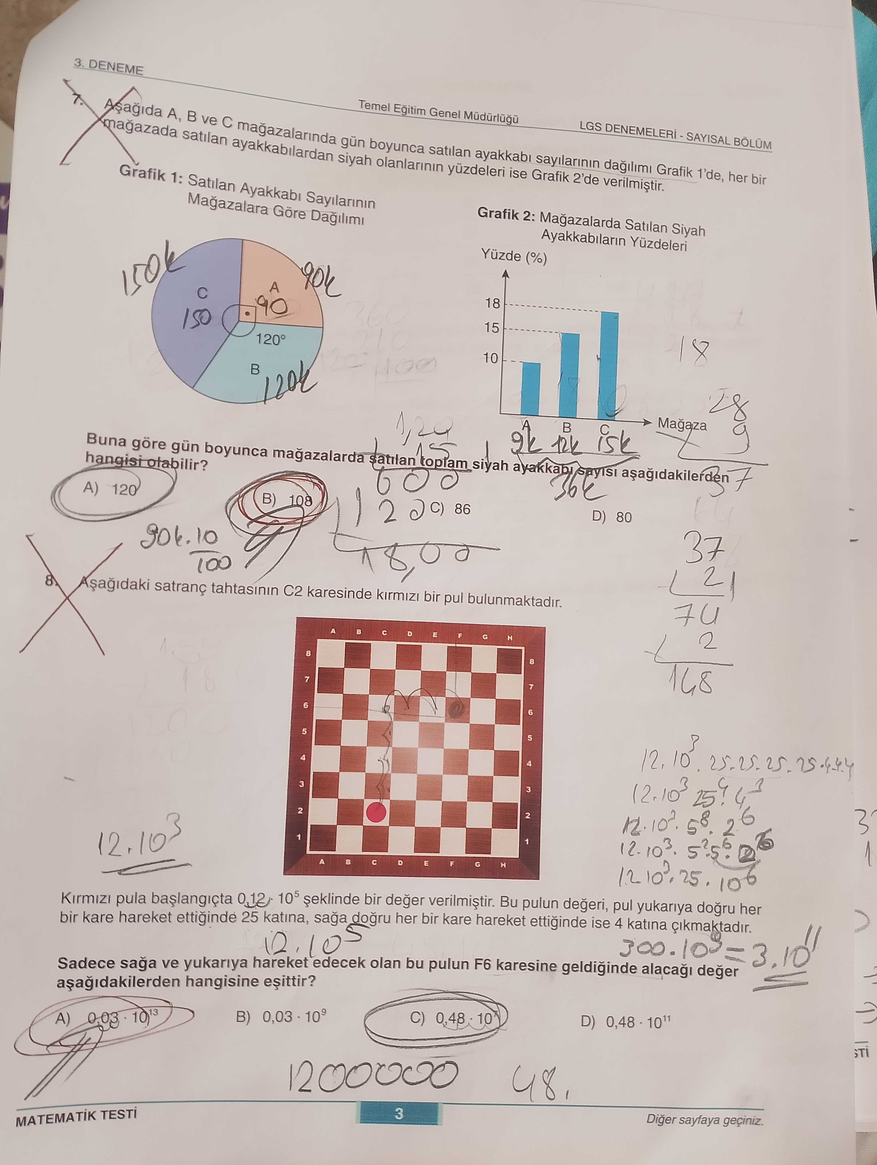 Aşağıda A, B ve C mağazalarında gün boyunca satılan ayakkabı sayılarının dağılımı Grafik 1'de, her