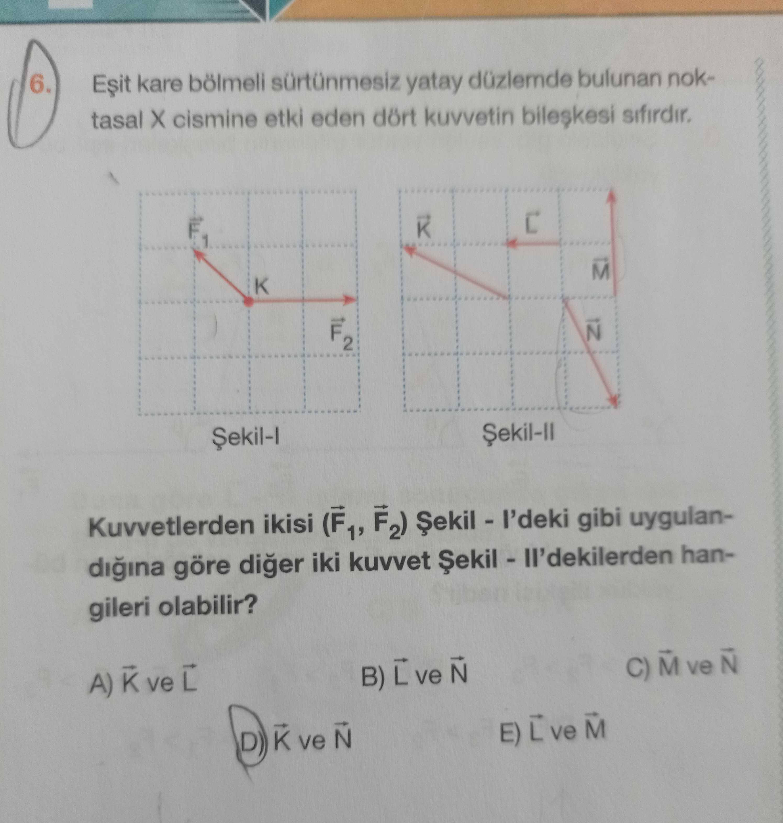 Eşit kare bölmeli sürtünmesiz yatay düzlemde bulunan noktasal X cismine etki eden dört kuvvetin