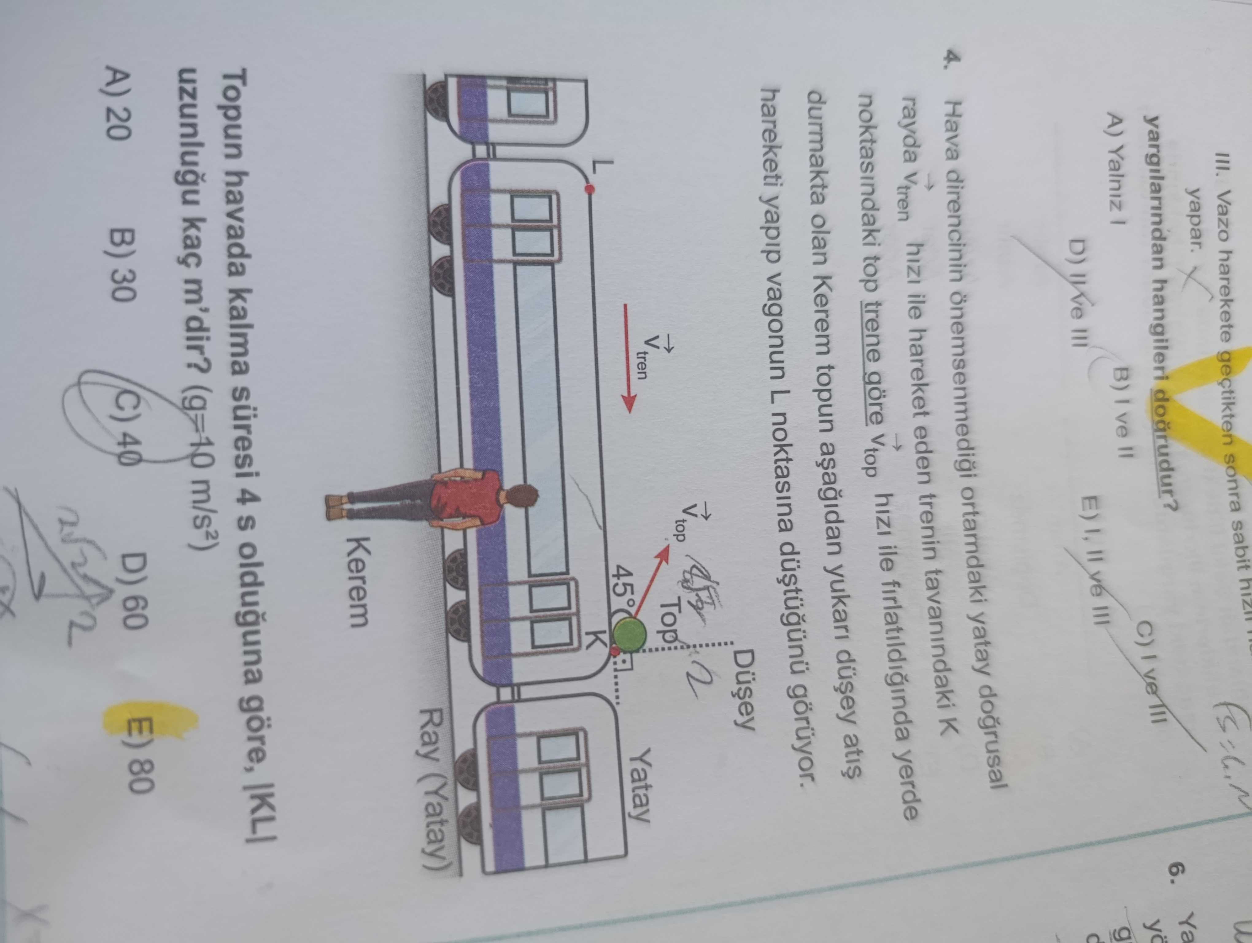 Hava direncinin önemsenmediği ortamdaki yatay doğrusal rayda v_tren hızı ile hareket eden trenin