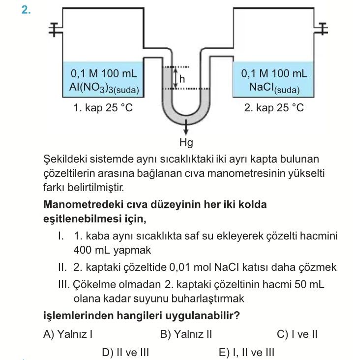 Şekildeki sistemde aynı sıcaklıktaki iki ayrı kapta bulunan çözeltilerin arasına bağlanan cıva