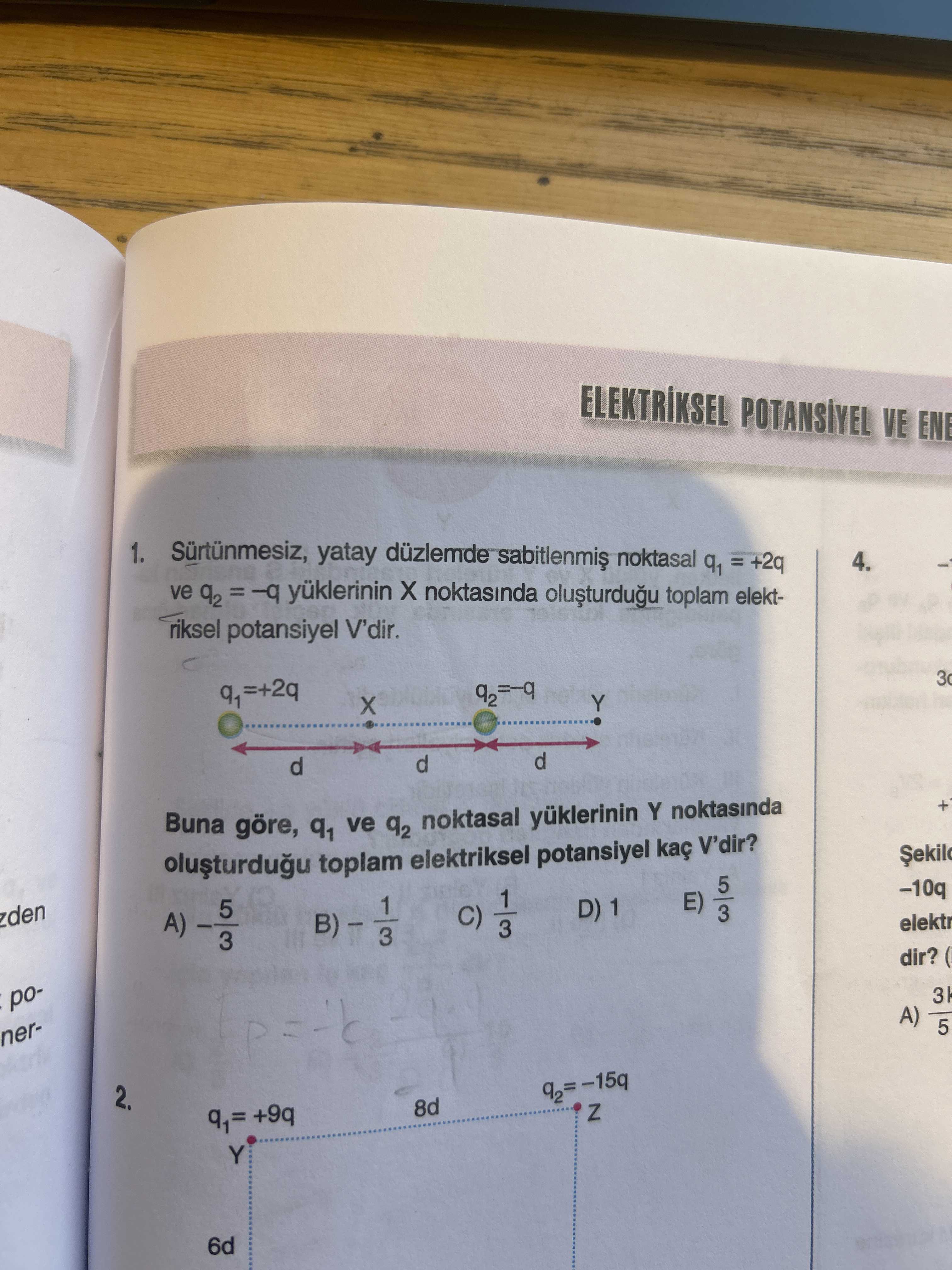 Sürtünmesiz, yatay düzlemde sabitlenmiş noktasal q₁ = +2q ve q₂ = −q yüklerinin X noktasında