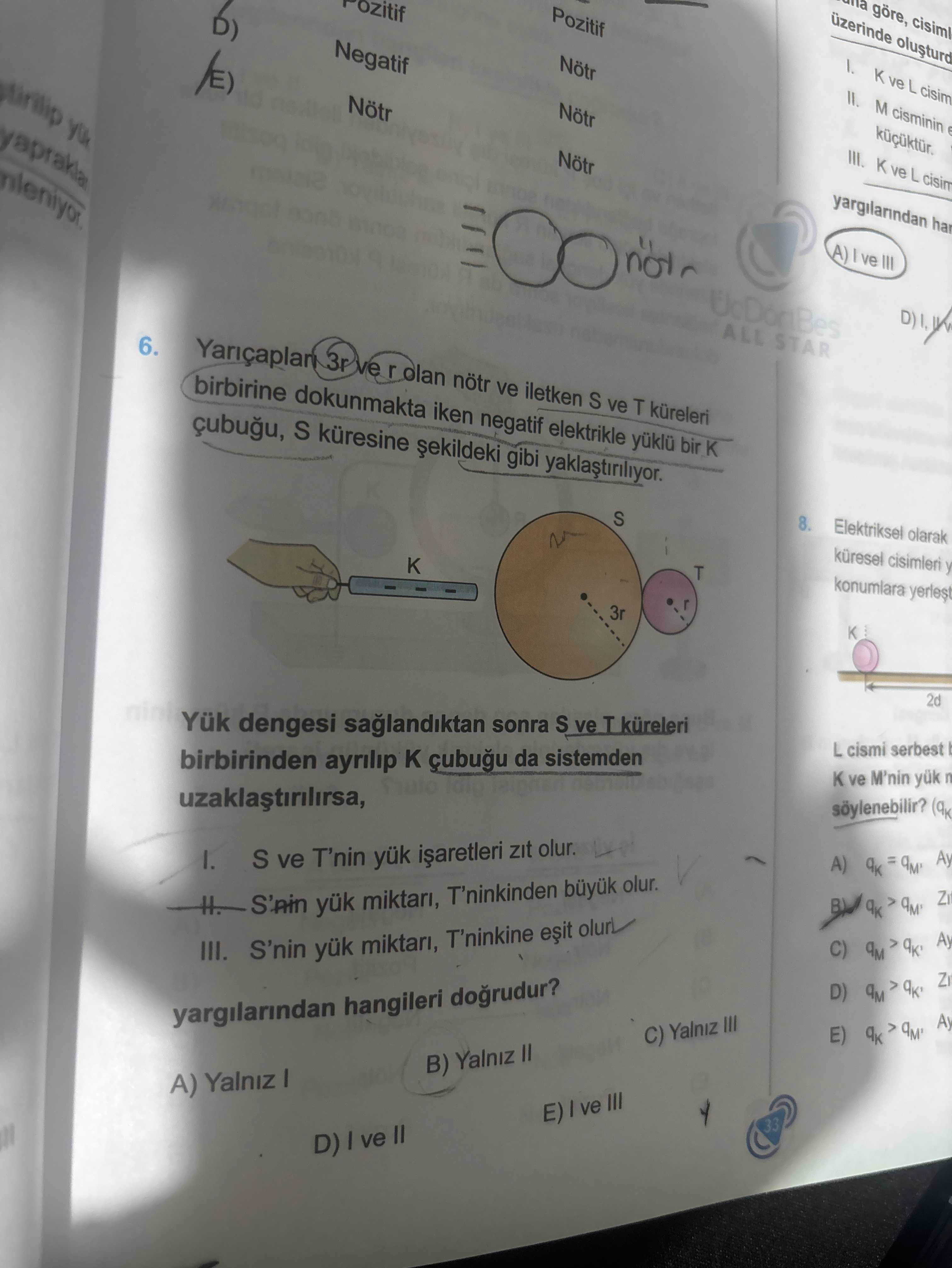 Yarıçapları 3r ve r olan nötr ve iletken S ve T küreleri birbirine dokunmakta iken negatif