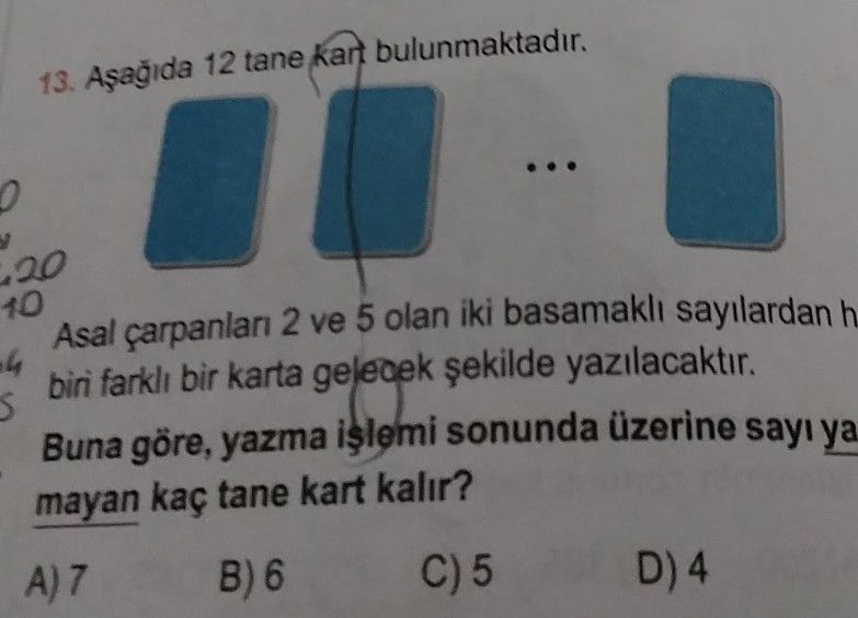 Aşağıda 12 tane kart bulunmaktadır. Asal çarpanları 2 ve 5 olan iki basamaklı sayılardan her biri