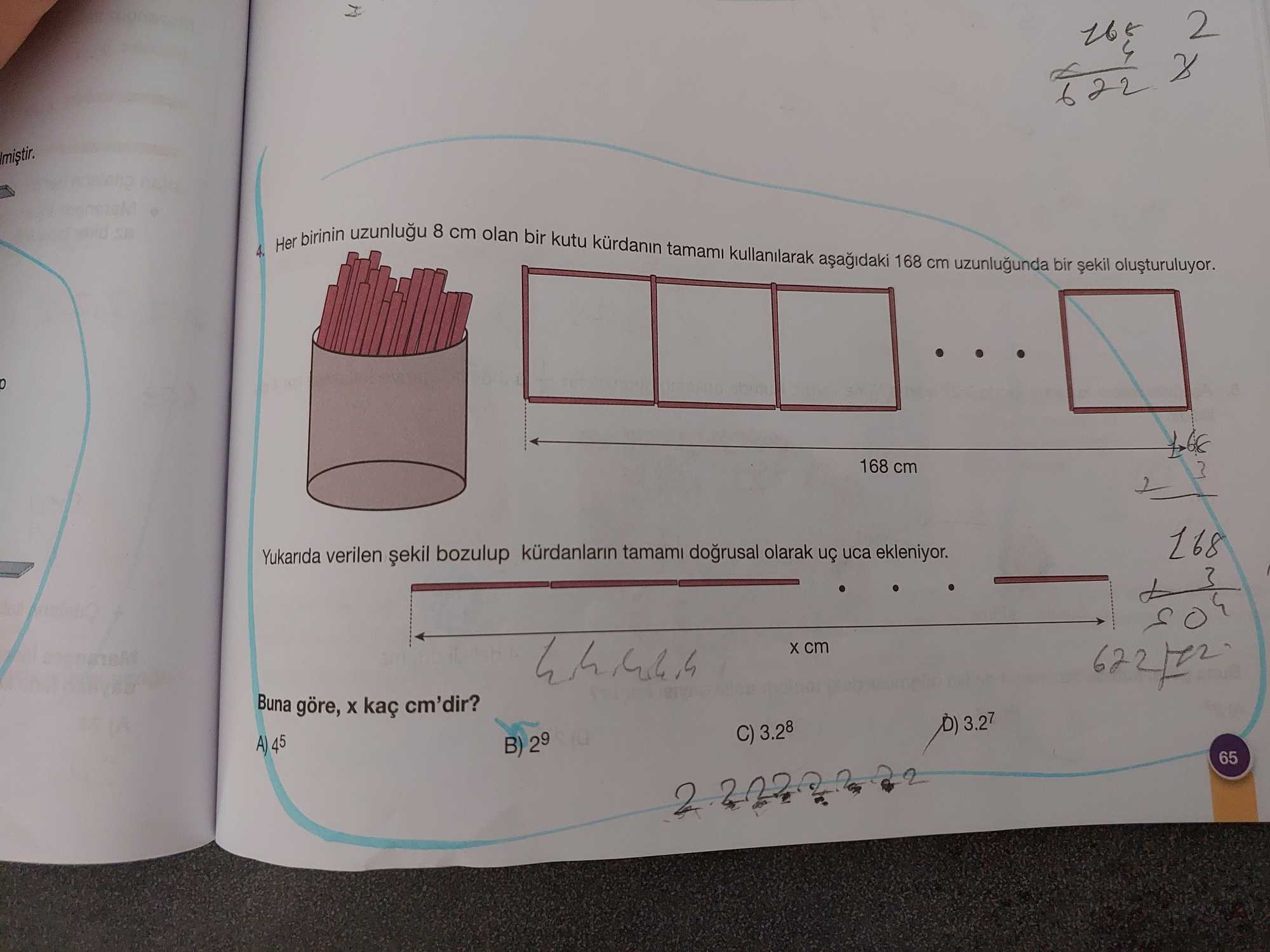 Her birinin uzunluğu 8 cm olan bir kutu kürdanın tamamı kullanılarak aşağıdaki 168 cm uzunluğunda