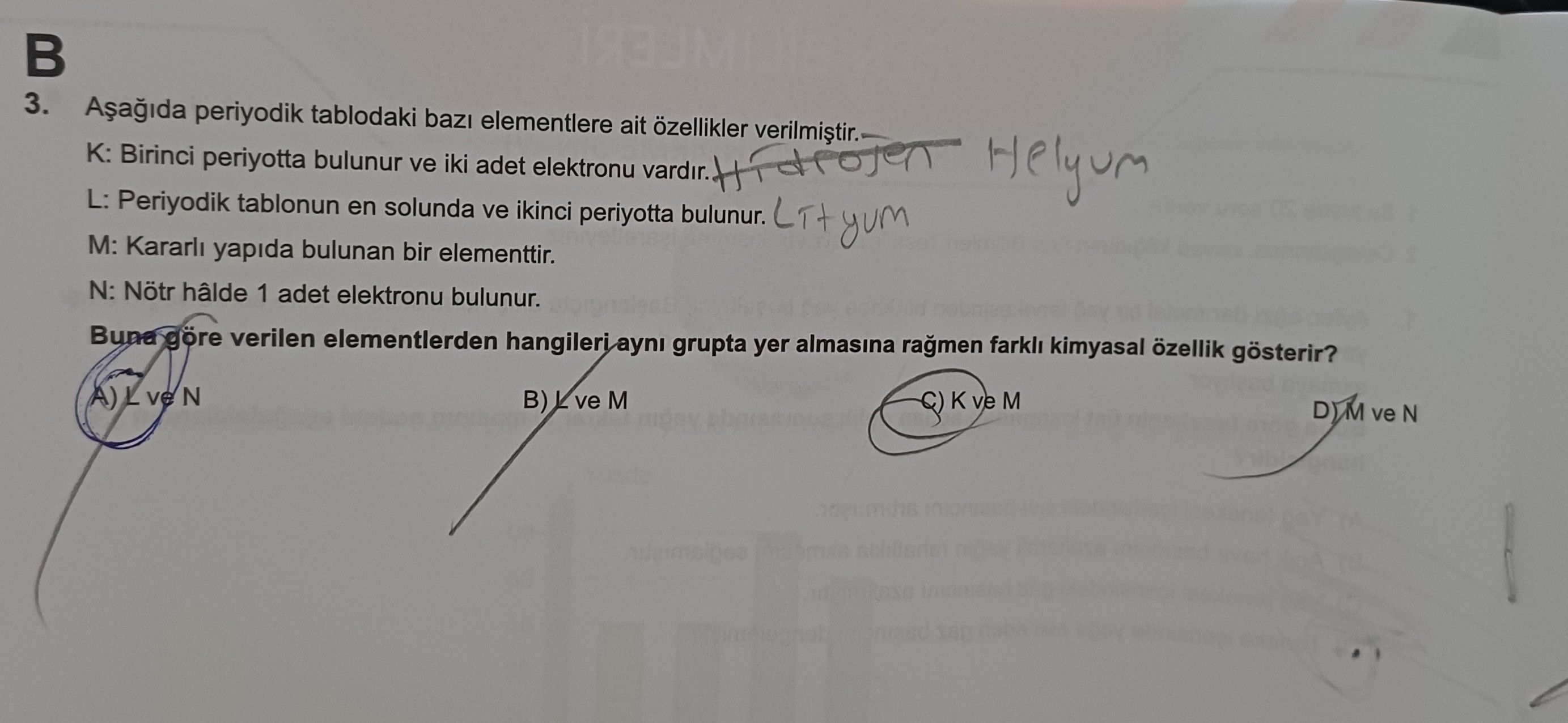 Aşağıda periyodik tablodaki bazı elementlere ait özellikler verilmiştir. K: Birinci periyotta