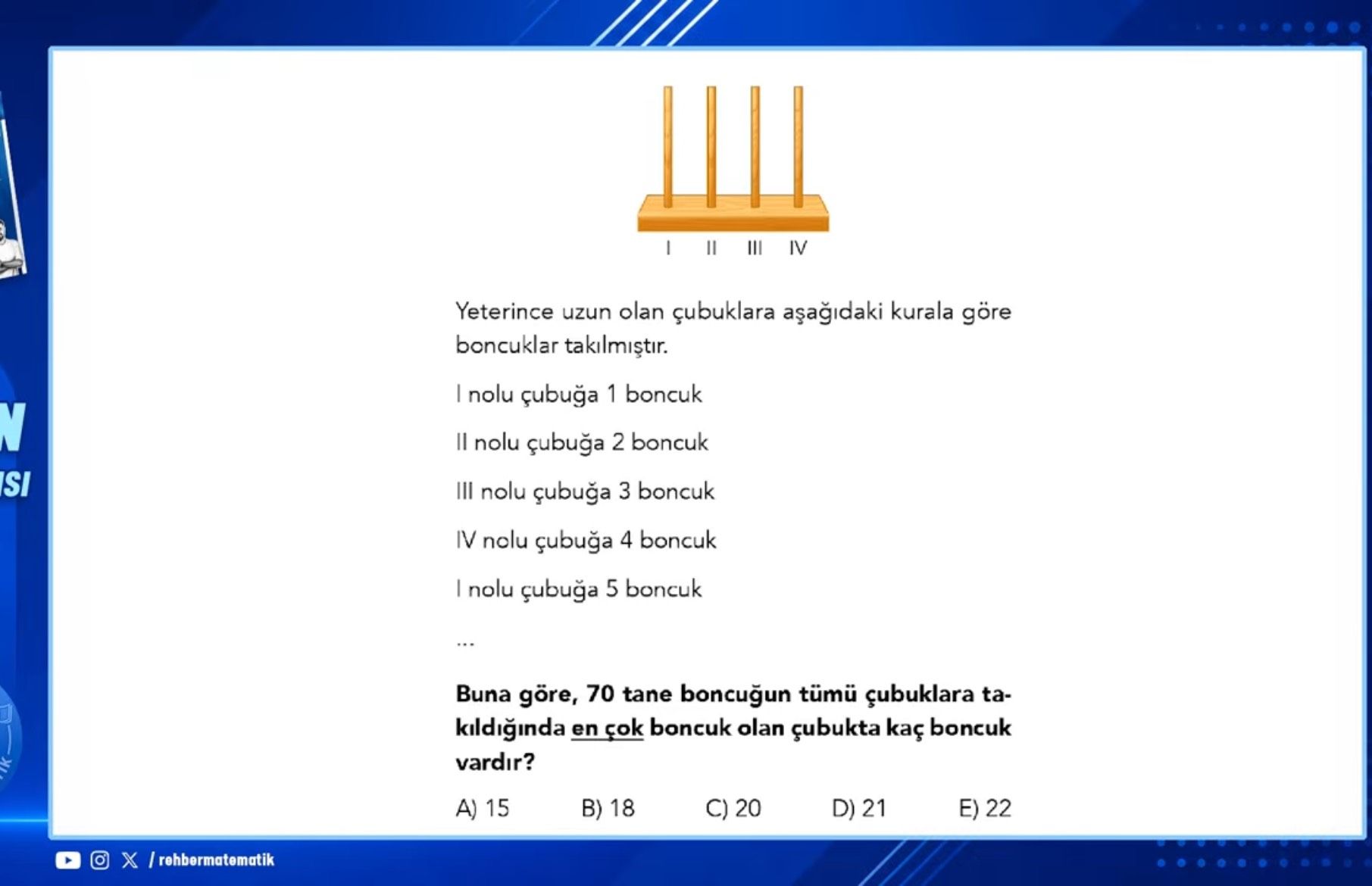 Yeterince uzun olan çubuklara aşağıdaki kurala göre boncuklar takılmıştır. I nolu çubuğa 1 boncuk II