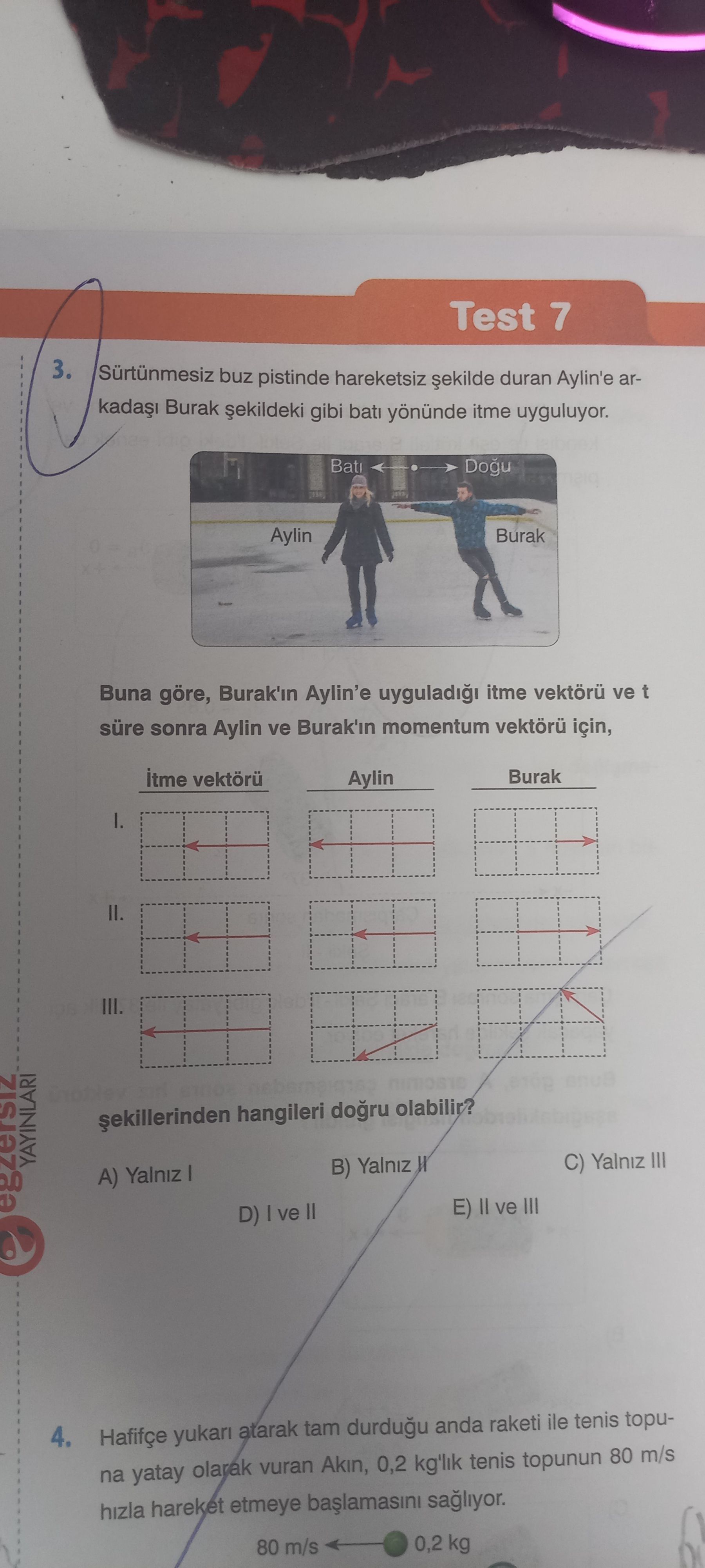 Sürtünmesiz buz pistinde hareketsiz şekilde duran Aylin'e arkadaşı Burak şekildeki gibi batı yönünde