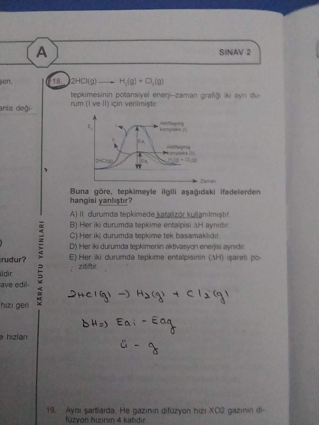 2HCl(g) ——→ H₂(g) + Cl₂(g) tepkimesinin potansiyel enerji–zaman grafiği iki ayrı durum (I ve II)