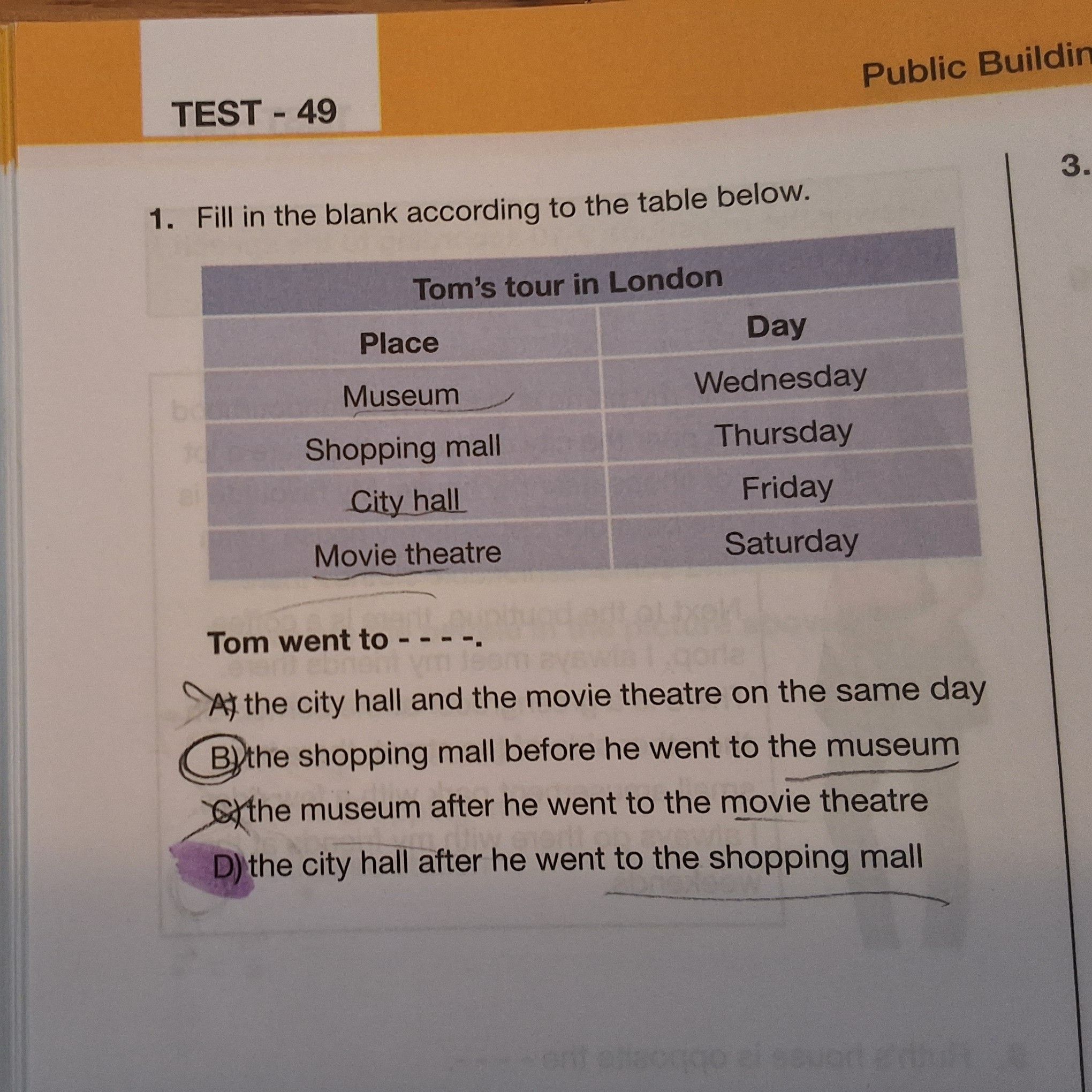 Fill in the blank according to the table below. Tom went to - - - -.