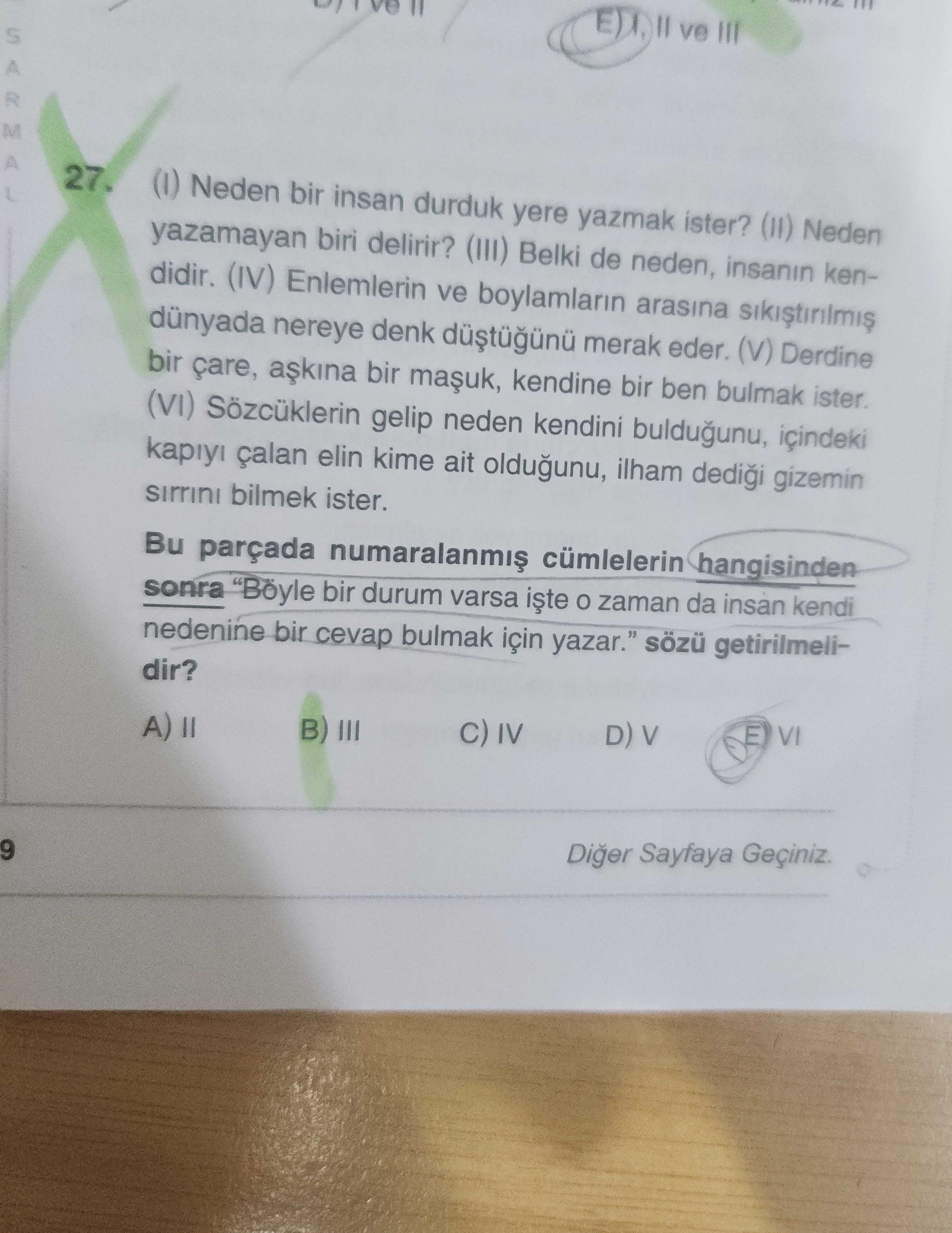 (I) Neden bir insan durduk yere yazmak ister? (II) Neden yazamayan biri delirir? (III) Belki de