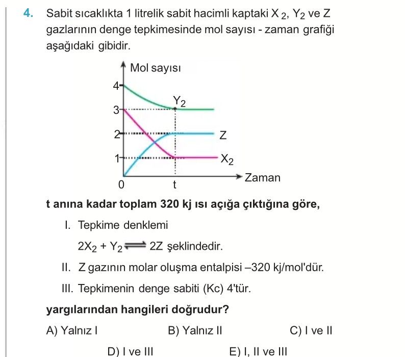 Sabit sıcaklıkta 1 litrelik sabit hacimli kaptaki X₂, Y₂ ve Z gazlarının denge tepkimesinde mol