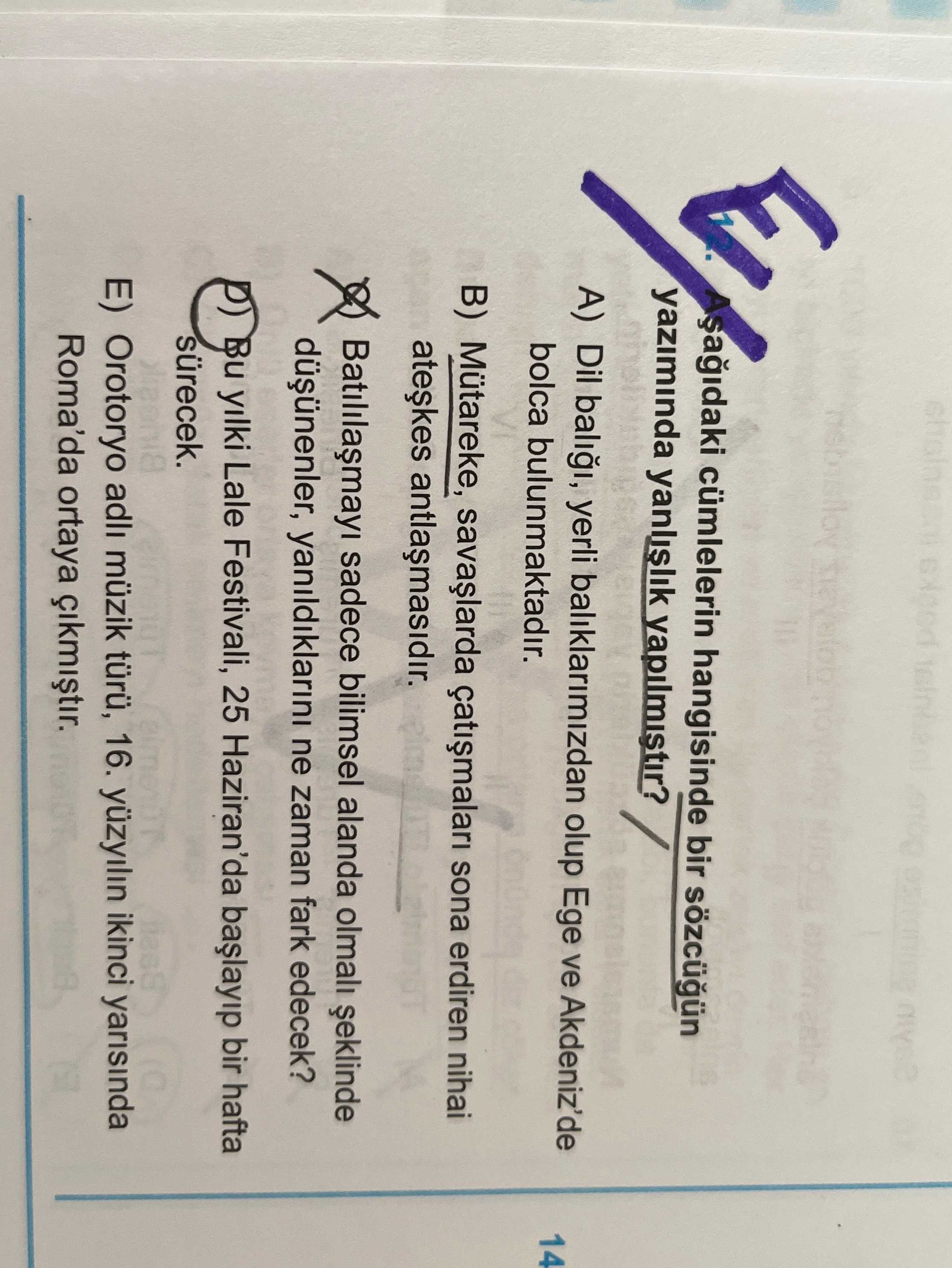 Aşağıdaki cümlelerin hangisinde bir sözcüğün yazımında yanlışlık yapılmıştır?
