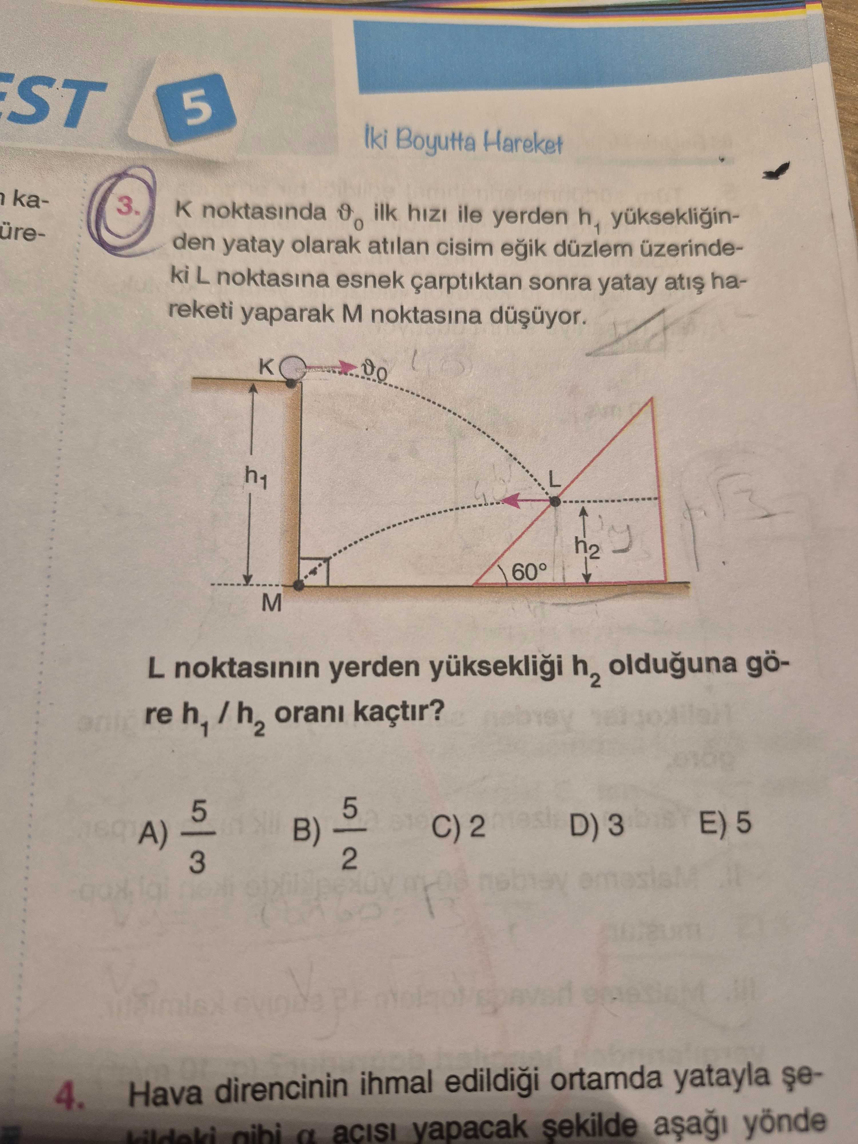 K noktasında ϑ₀ ilk hızı ile yerden h₁ yüksekliğinden yatay olarak atılan cisim eğik düzlem
