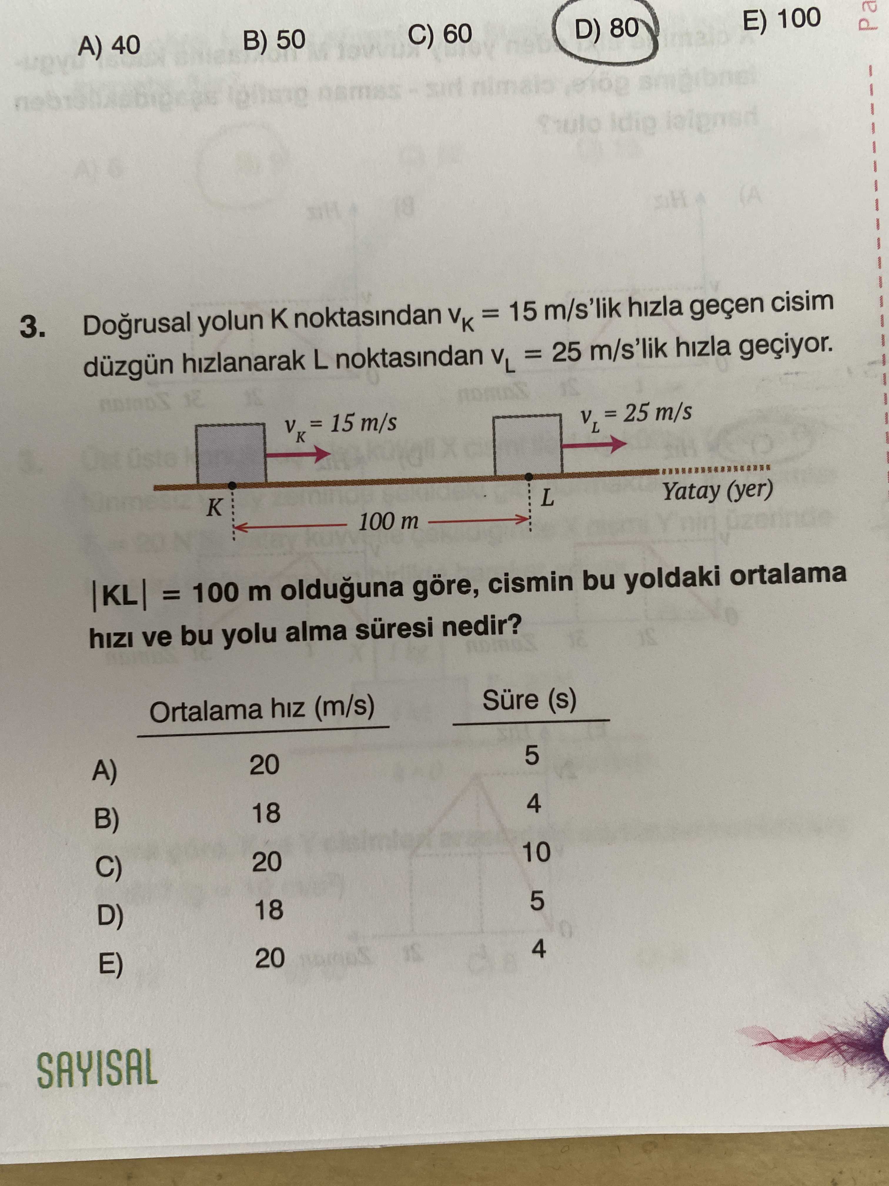 Doğrusal yolun K noktasından v_K = 15 m/s'lik hızla geçen cisim düzgün hızlanarak L noktasından v_L